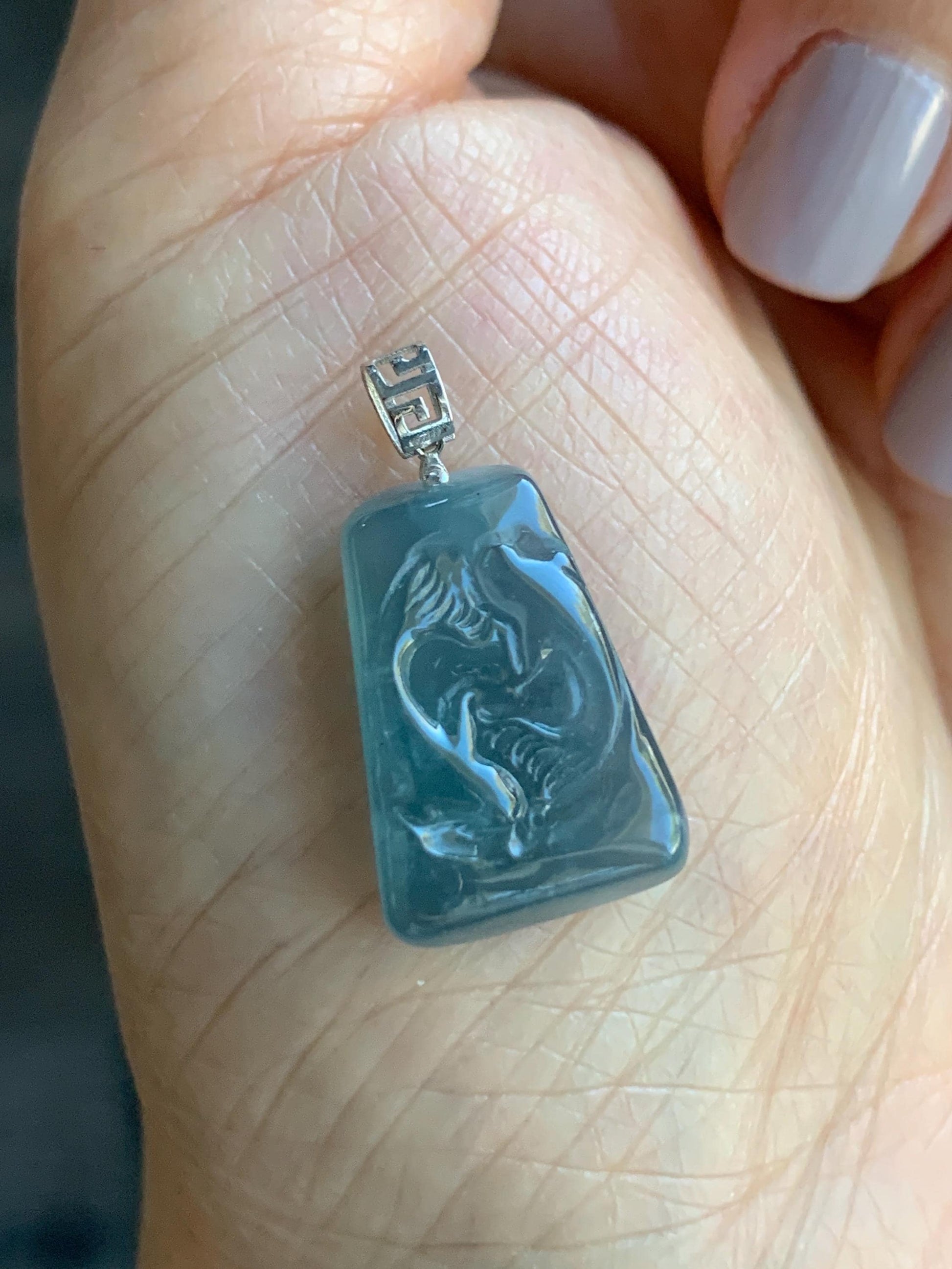Petite Natural Guatemalan Premium Icy Highly Translucent Gelatinous Blue Jadeite Carved Double Fish Pendant 18K White Gold 天然冰胶危蓝水翡翠双鱼镶嵌吊坠 B