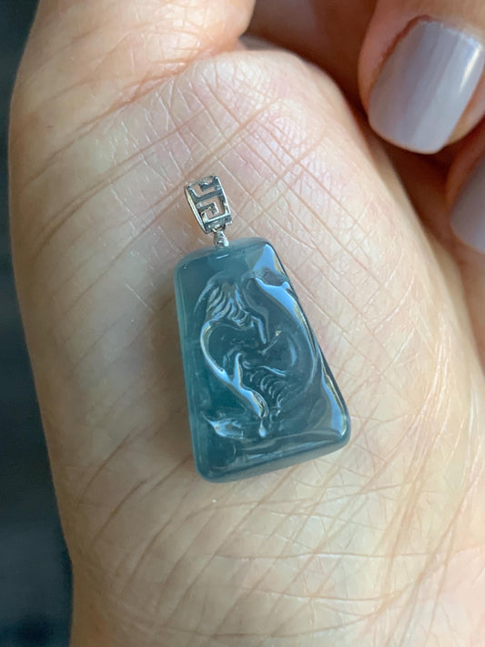 Petite Natural Guatemalan Premium Icy Highly Translucent Gelatinous Blue Jadeite Carved Double Fish Pendant 18K White Gold 天然冰胶危蓝水翡翠双鱼镶嵌吊坠 B