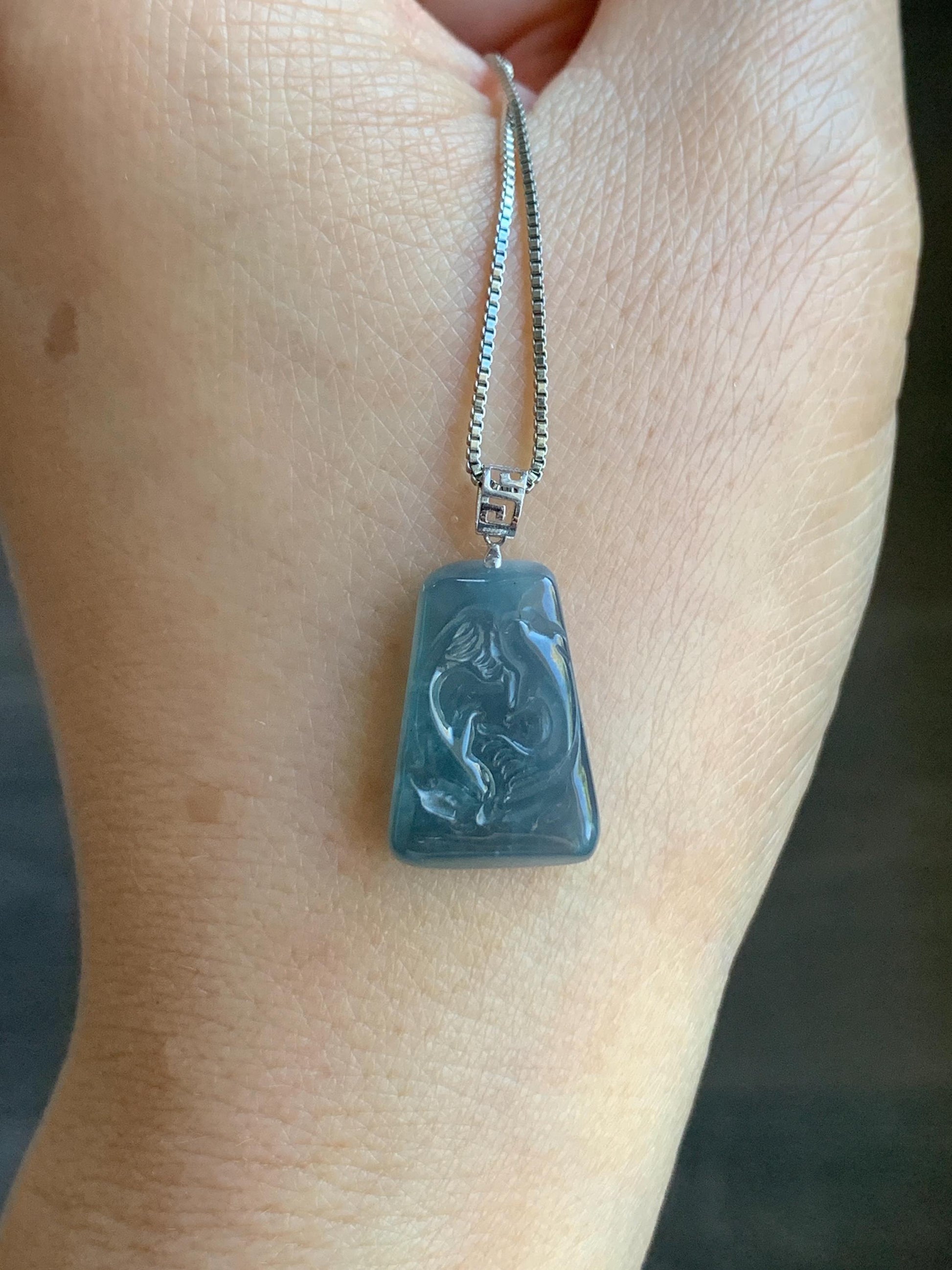 Petite Natural Guatemalan Premium Icy Highly Translucent Gelatinous Blue Jadeite Carved Double Fish Pendant 18K White Gold 天然冰胶危蓝水翡翠双鱼镶嵌吊坠 B