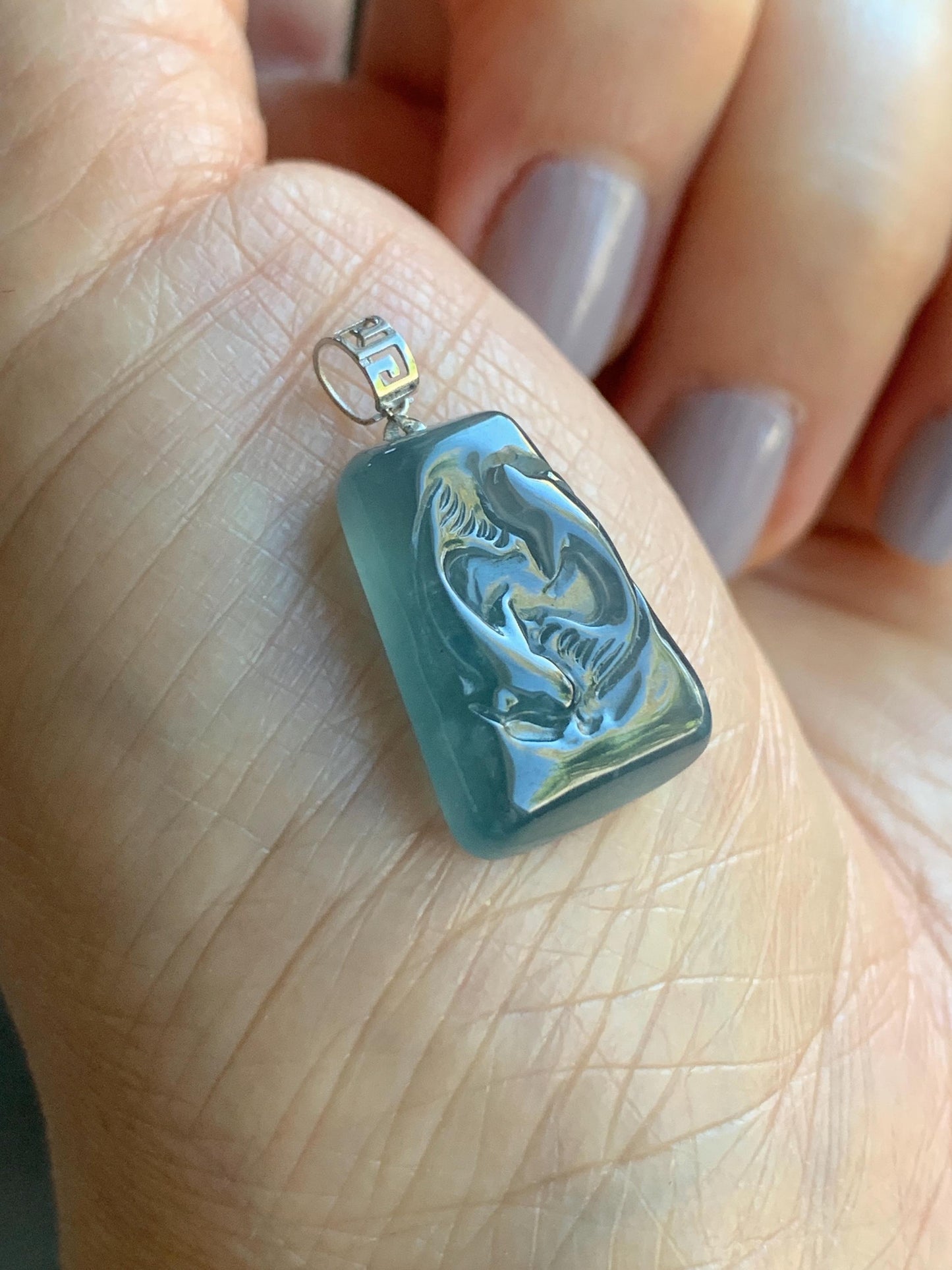 Petite Natural Guatemalan Premium Icy Highly Translucent Gelatinous Blue Jadeite Carved Double Fish Pendant 18K White Gold 天然冰胶危蓝水翡翠双鱼镶嵌吊坠 B