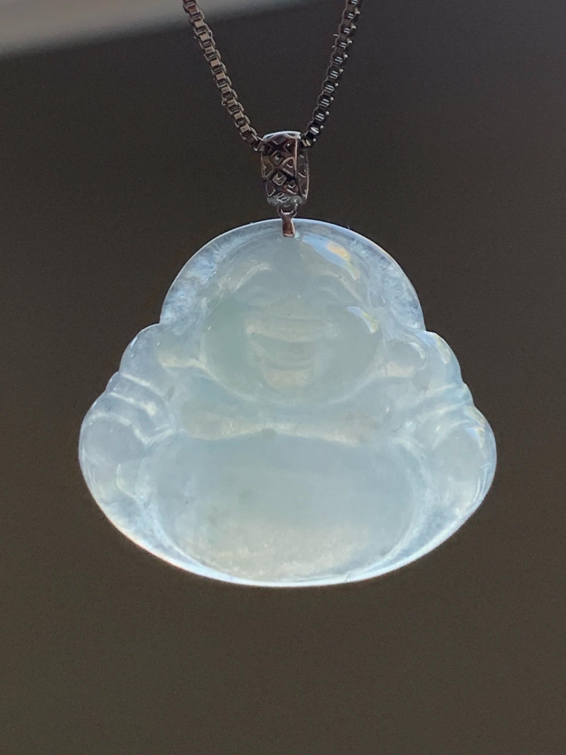 Natural Burmese Icy Translucent White Jadeite Buddha Pendant 18K White Gold 4g 天然缅甸白冰翡翠佛公镶嵌吊坠