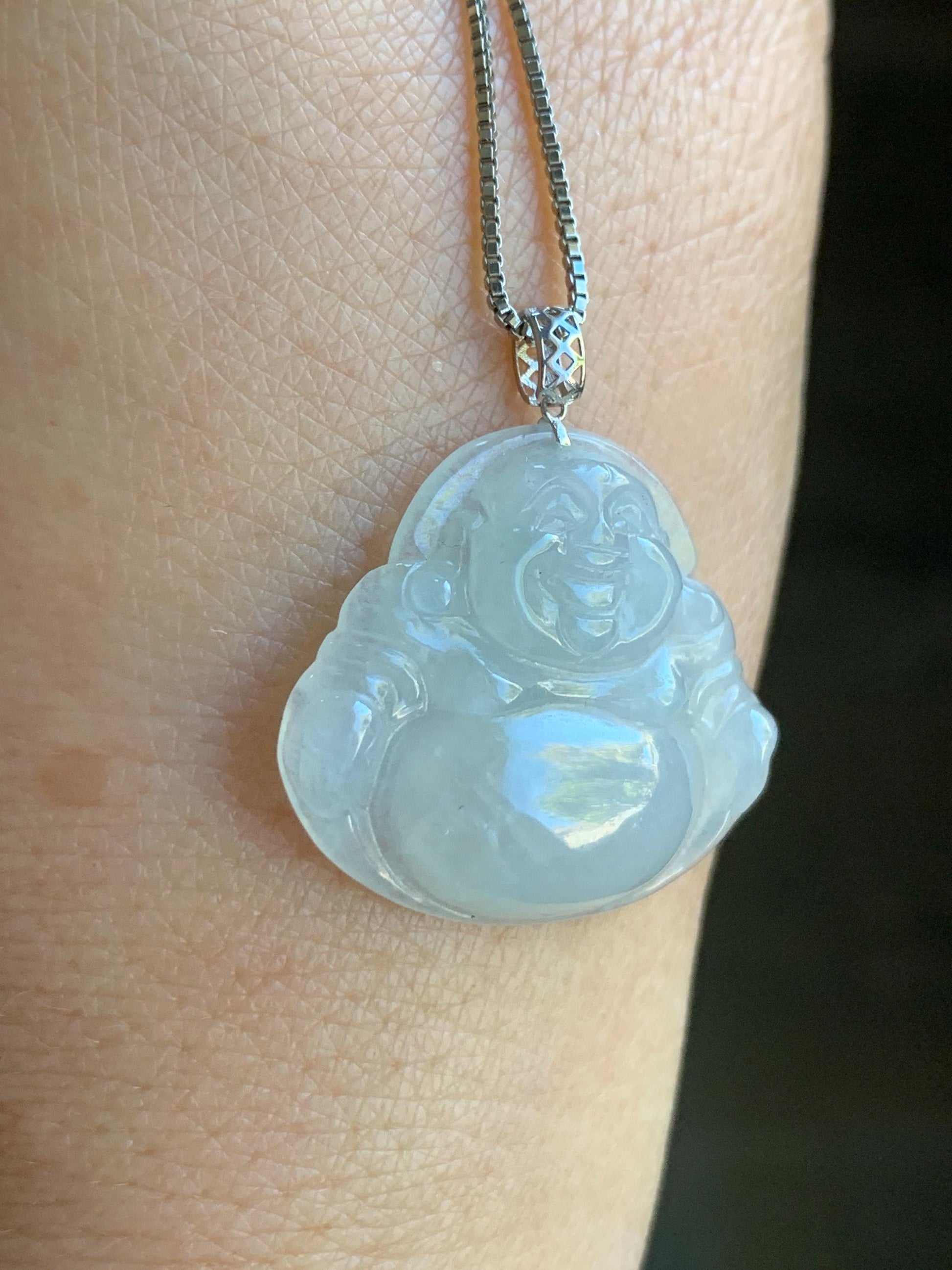 Natural Burmese Icy Translucent White Jadeite Buddha Pendant 18K White Gold 4g 天然缅甸白冰翡翠佛公镶嵌吊坠
