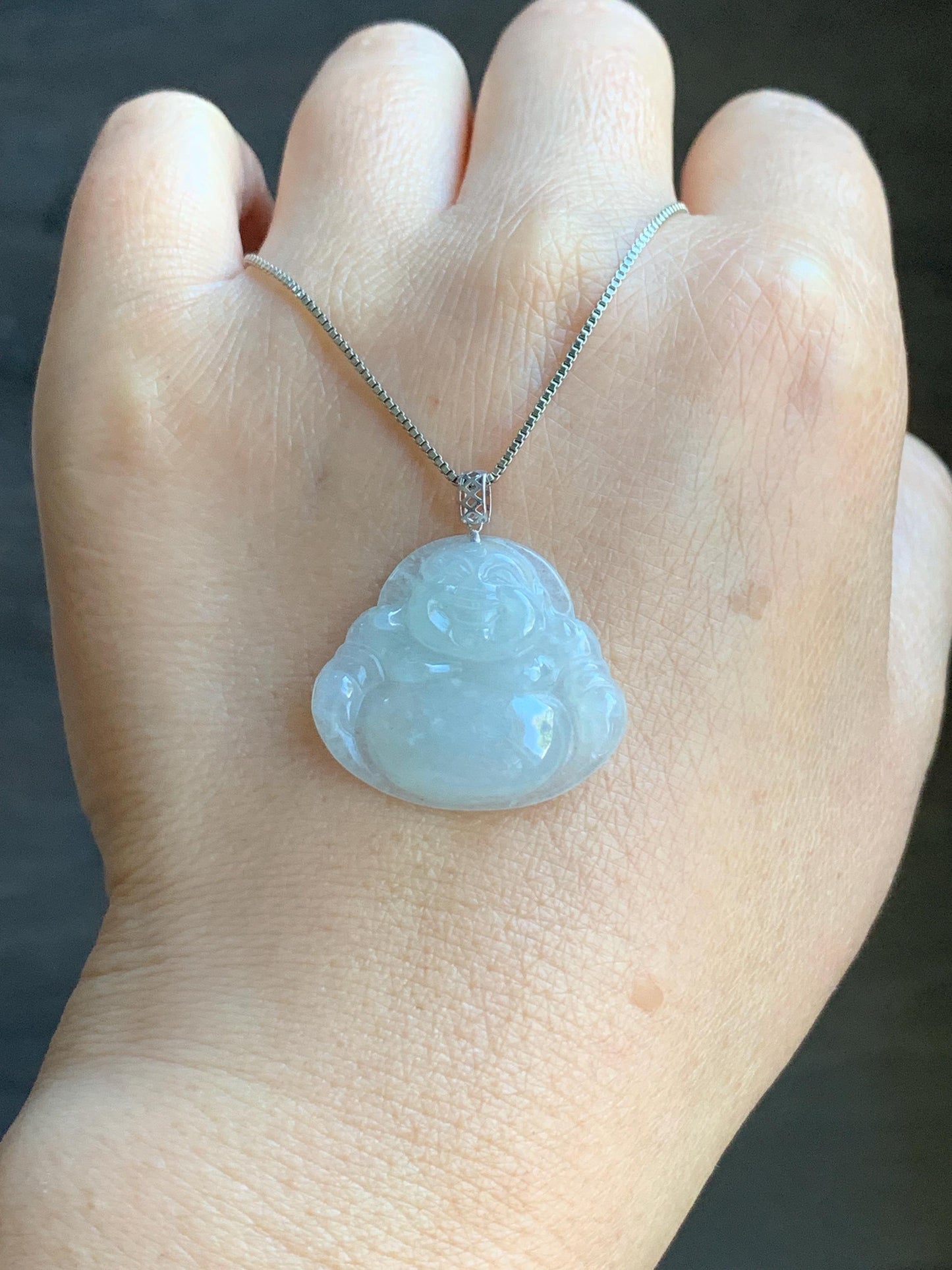 Natural Burmese Icy Translucent White Jadeite Buddha Pendant 18K White Gold 4g 天然缅甸白冰翡翠佛公镶嵌吊坠