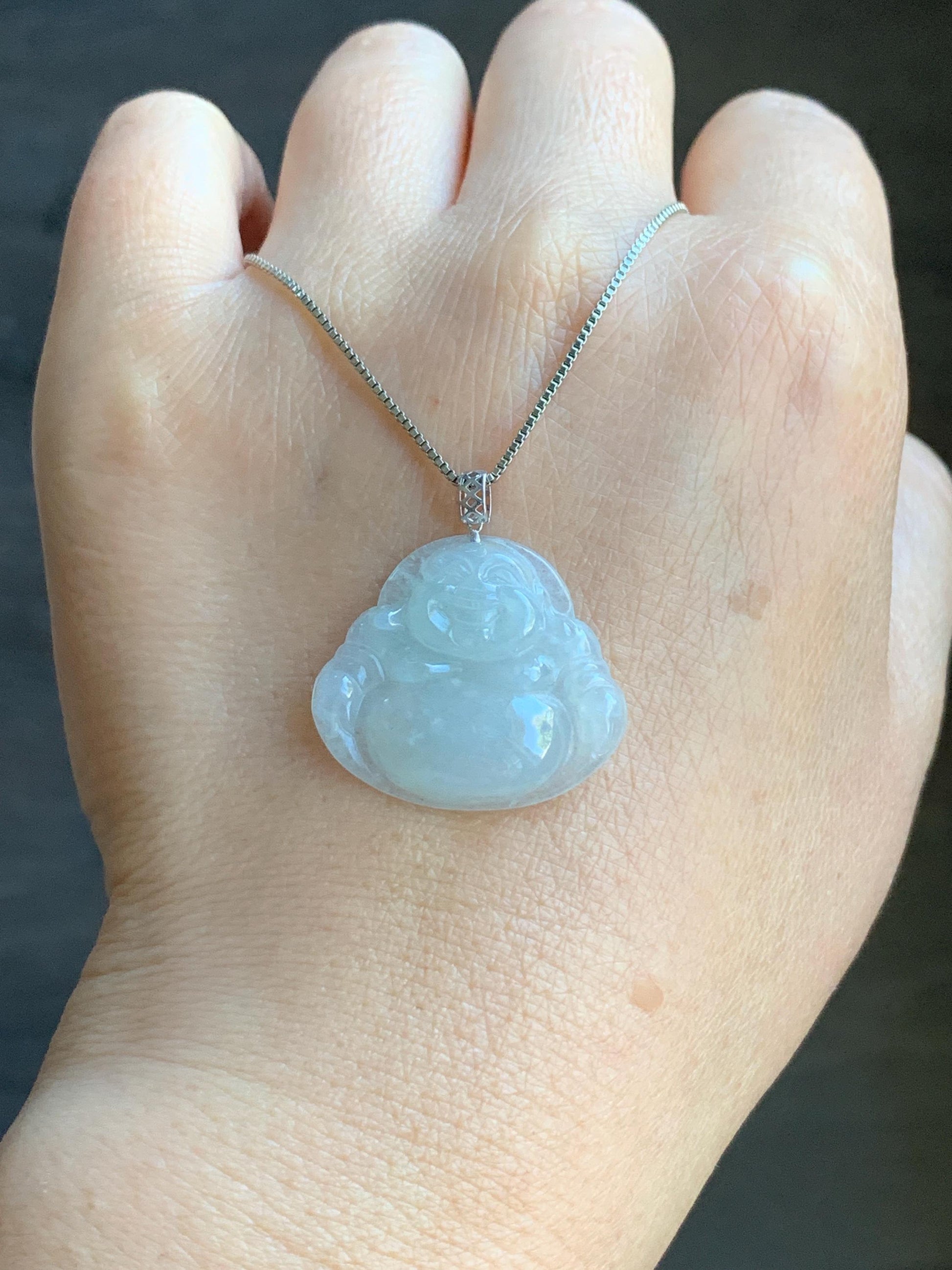 Natural Burmese Icy Translucent White Jadeite Buddha Pendant 18K White Gold 4g 天然缅甸白冰翡翠佛公镶嵌吊坠