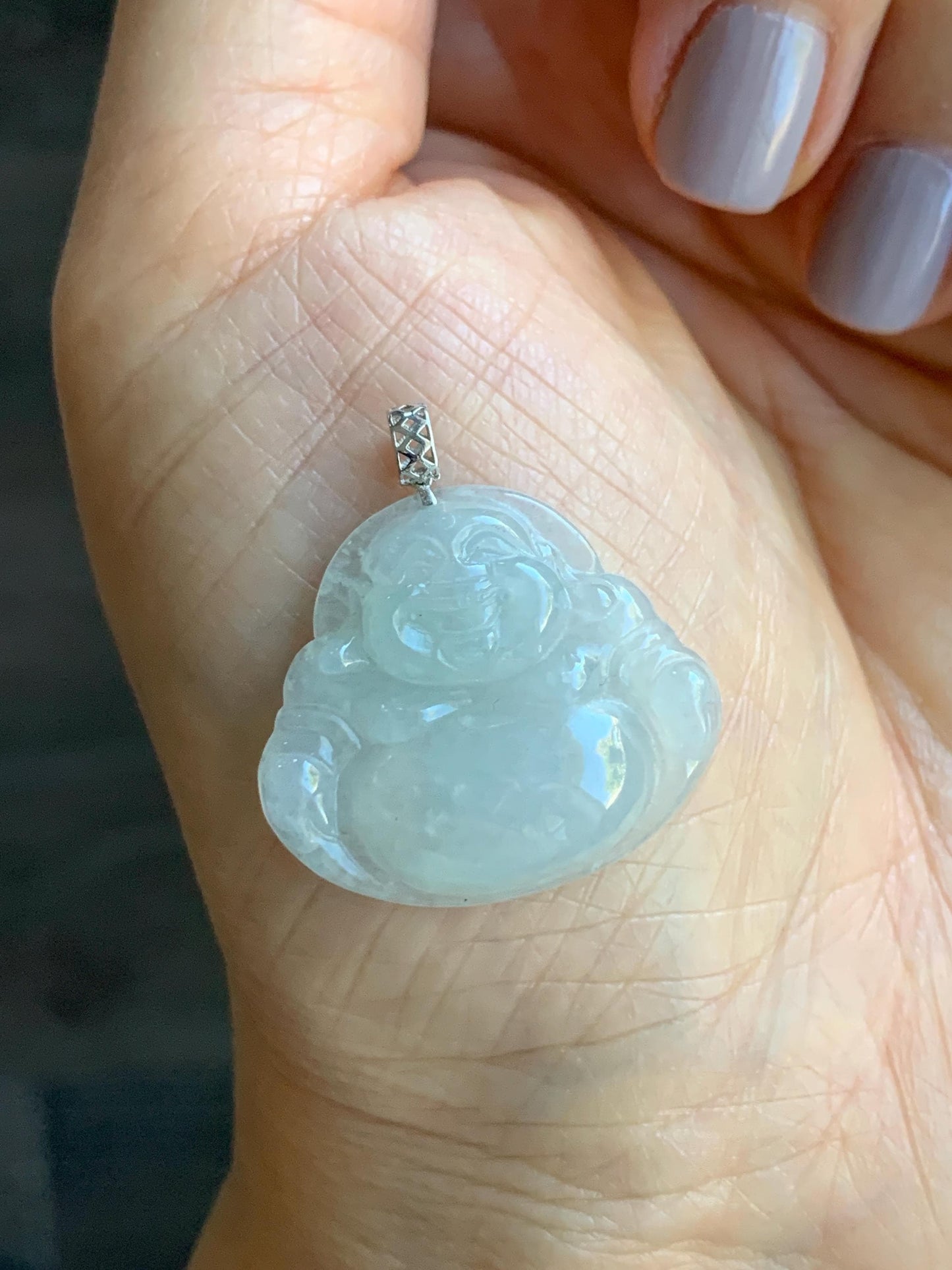 Natural Burmese Icy Translucent White Jadeite Buddha Pendant 18K White Gold 4g 天然缅甸白冰翡翠佛公镶嵌吊坠