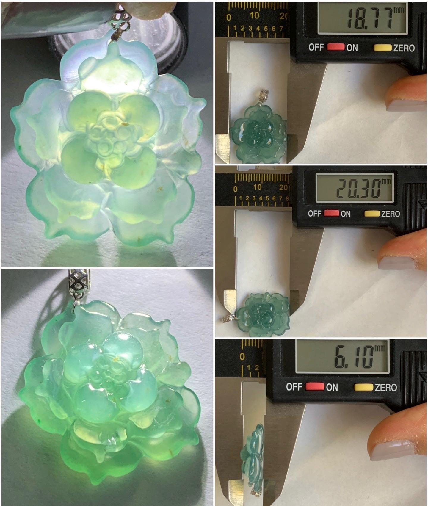 Natural Guatemalan Icy Highly Translucent Teal Blue Jadeite Lotus Flower Pendant 18K White Gold 3g 天然冰危蓝翡翠莲花镶嵌吊坠 DLH620C