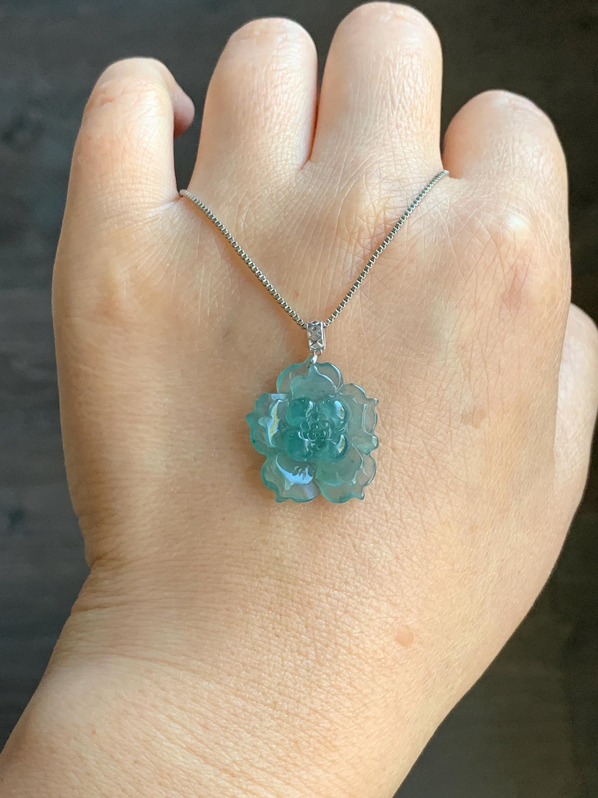 Natural Guatemalan Icy Highly Translucent Teal Blue Jadeite Lotus Flower Pendant 18K White Gold 3g 天然冰危蓝翡翠莲花镶嵌吊坠 DLH620C