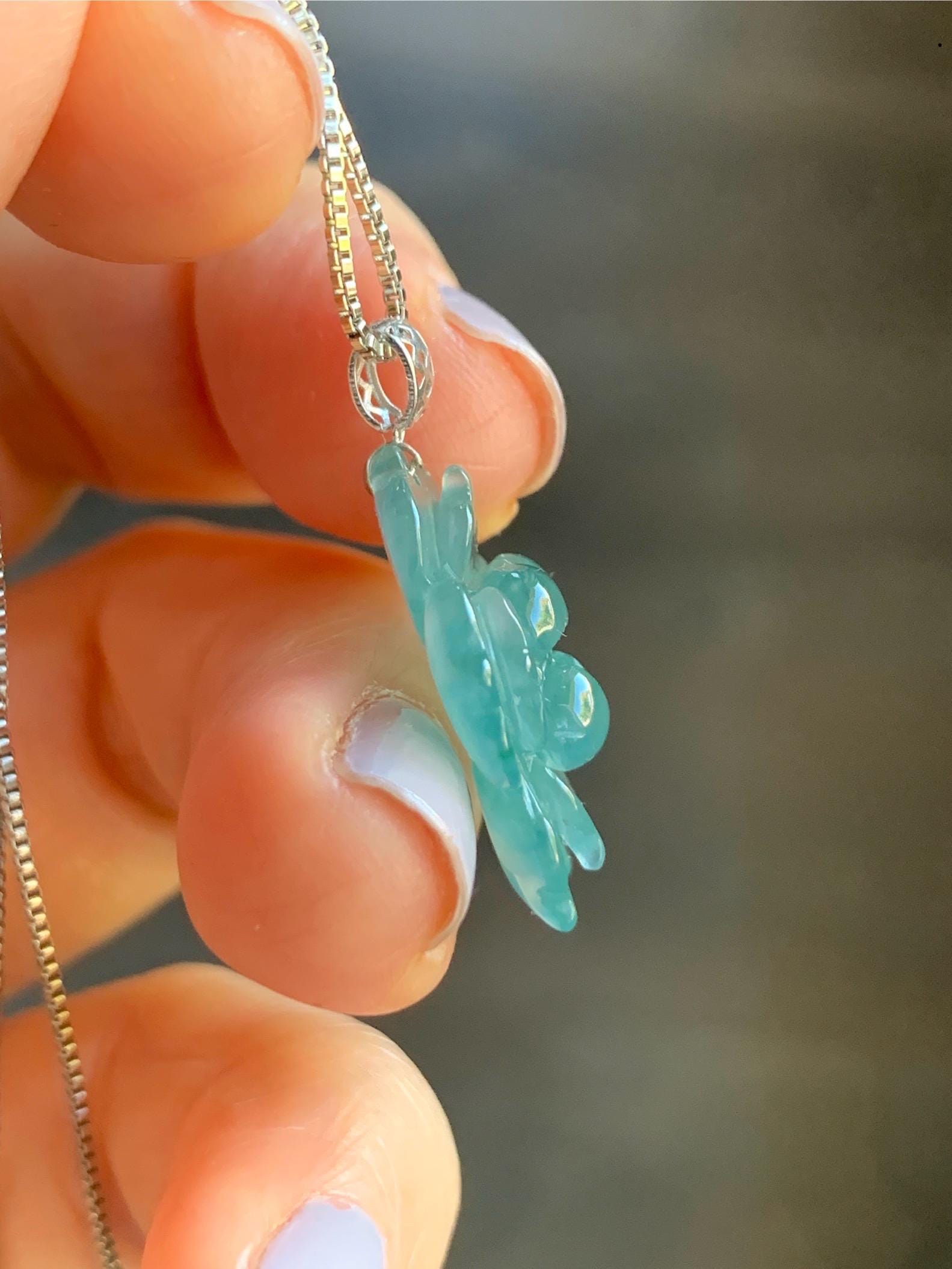 Natural Guatemalan Icy Highly Translucent Teal Blue Jadeite Lotus Flower Pendant 18K White Gold 3g 天然冰危蓝翡翠莲花镶嵌吊坠 DLH620C