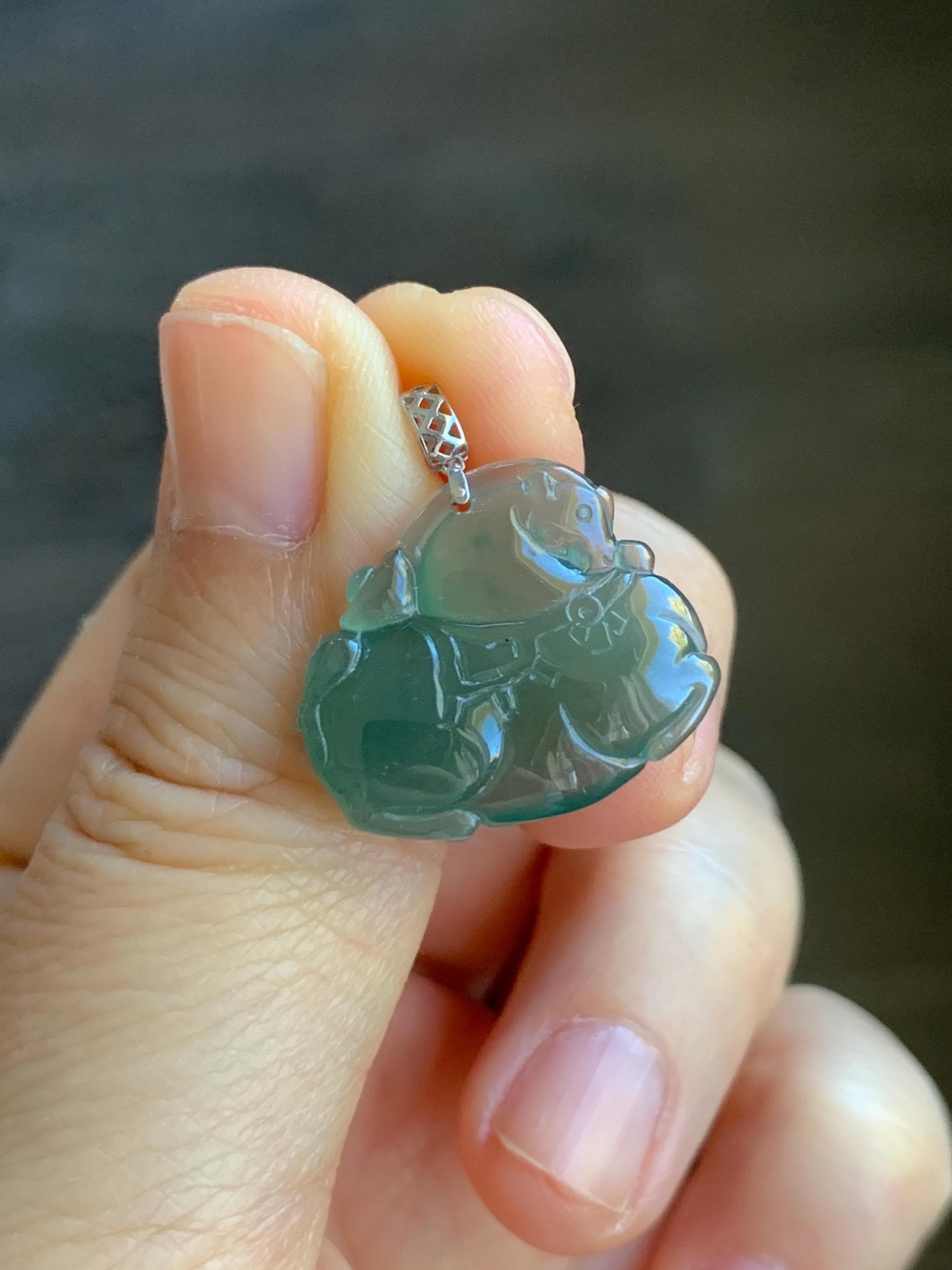 Natural Guatemalan Icy Translucent Gelatinous Teal Green Jadeite Baby Tang Horse Pendant 18K White Gold 3g 天然冰胶危蓝绿翡翠小唐马镶嵌吊坠 XDW72C
