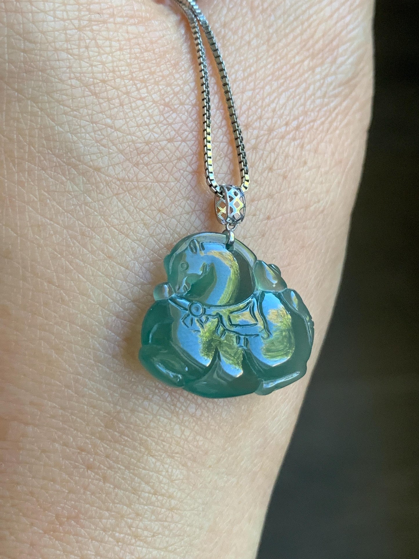 Natural Guatemalan Icy Translucent Gelatinous Teal Green Jadeite Baby Tang Horse Pendant 18K White Gold 3g 天然冰胶危蓝绿翡翠小唐马镶嵌吊坠 XDW72C