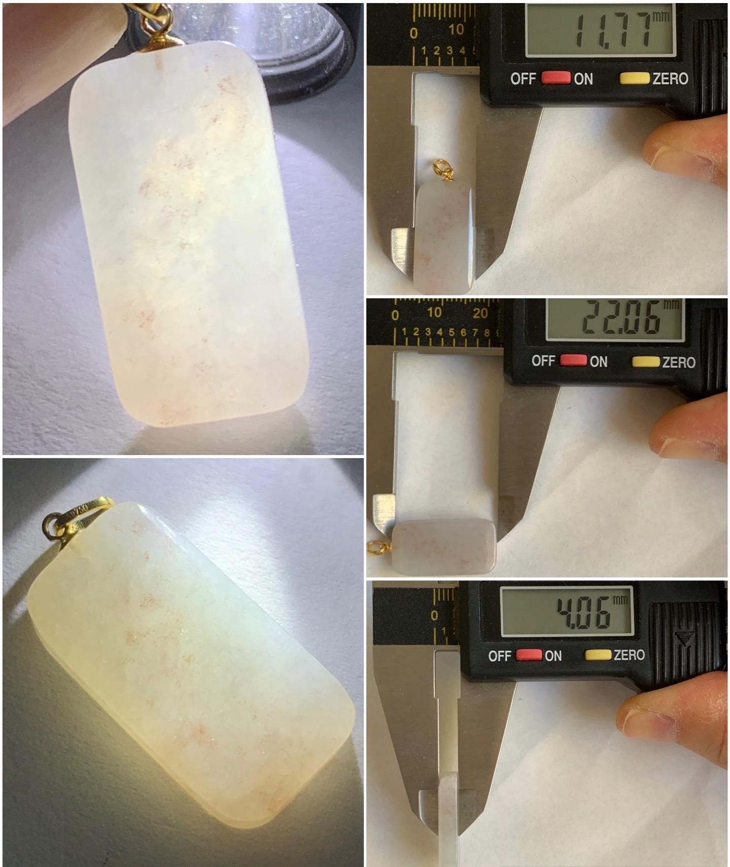 Petite Natural Burmese Icy Translation Golden Marbled Jadeite Rectangle Wu Shi Pai Pendant 18K Yellow Gold 4g 天然缅甸冰桂花糕撒金翡翠小无事牌镶嵌吊坠