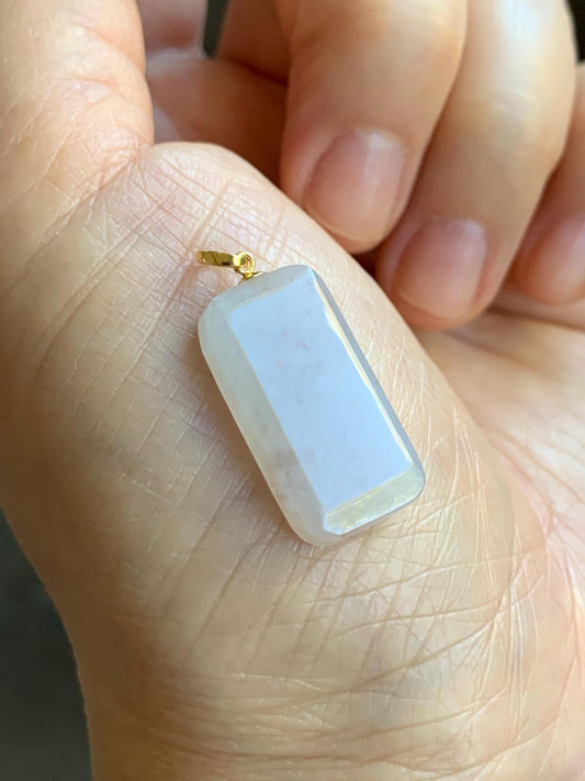 Petite Natural Burmese Icy Translation Golden Marbled Jadeite Rectangle Wu Shi Pai Pendant 18K Yellow Gold 4g 天然缅甸冰桂花糕撒金翡翠小无事牌镶嵌吊坠