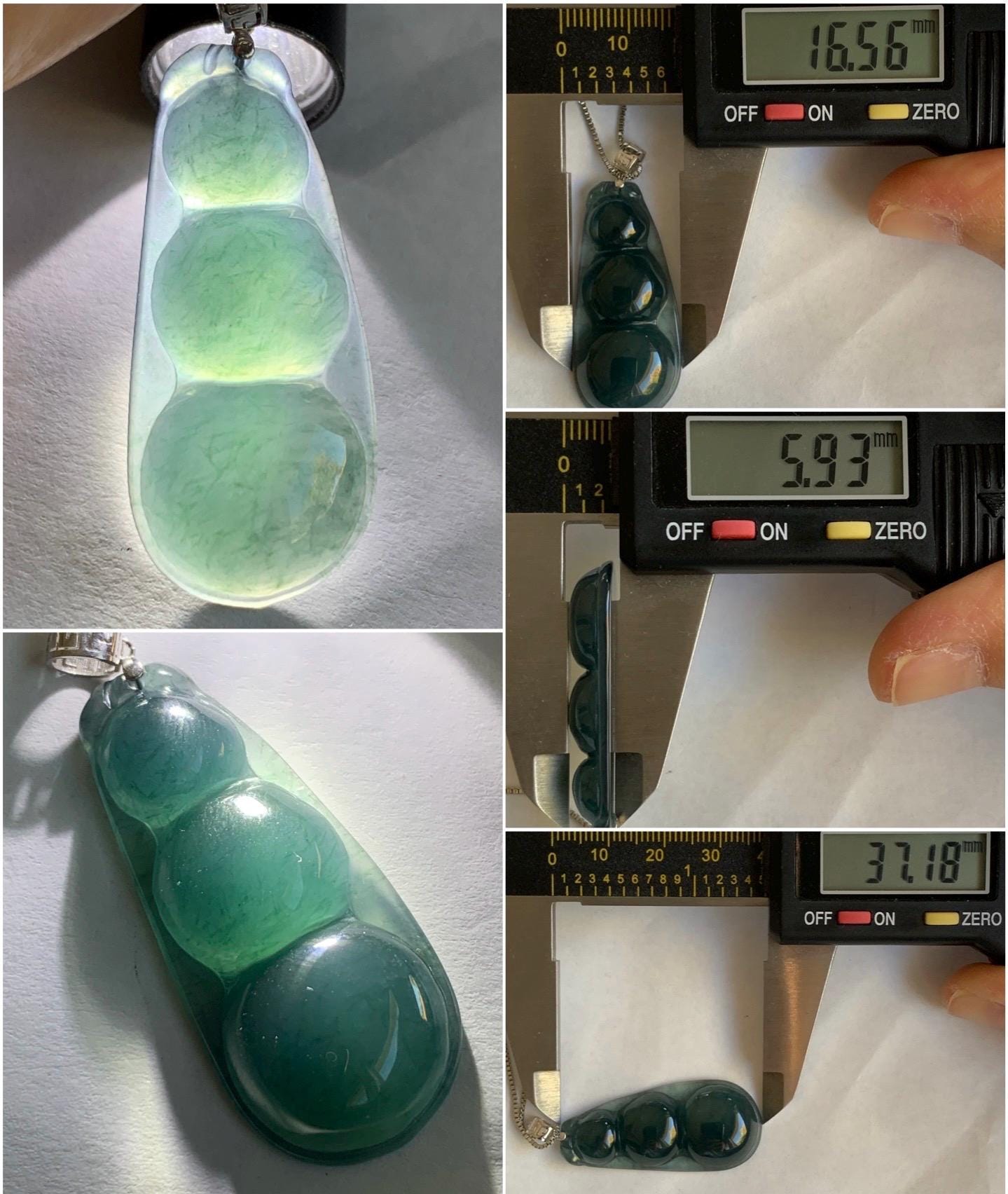 Large Natural Guatemalan Icy Translucent Dark Teal Blue Jadeite Large Peapod Pendant 18K White Gold 5g 天然冰危深蓝翡翠福豆镶嵌吊坠 SLD67A