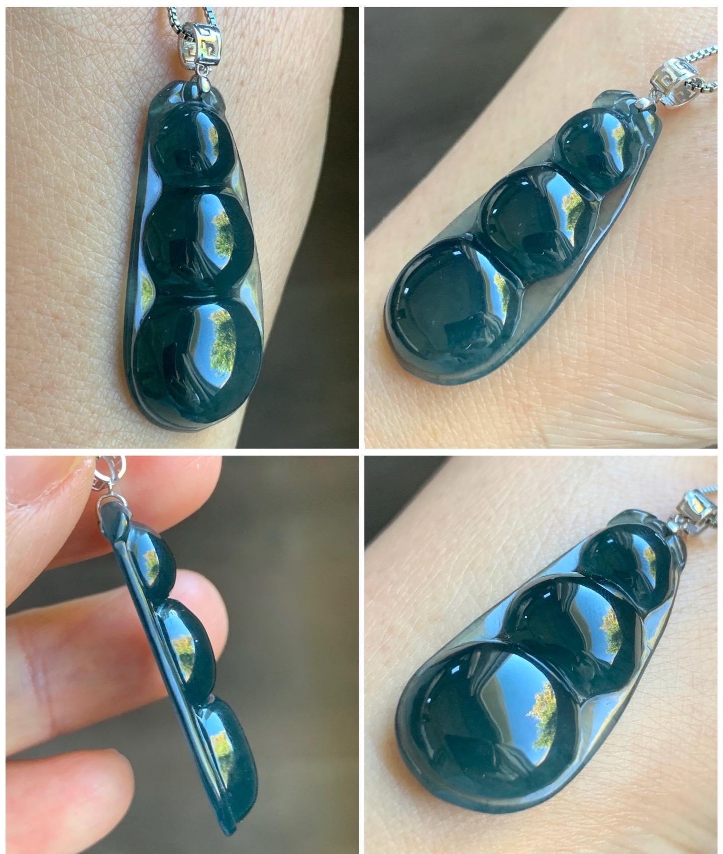 Large Natural Guatemalan Icy Translucent Dark Teal Blue Jadeite Large Peapod Pendant 18K White Gold 5g 天然冰危深蓝翡翠福豆镶嵌吊坠 SLD67A