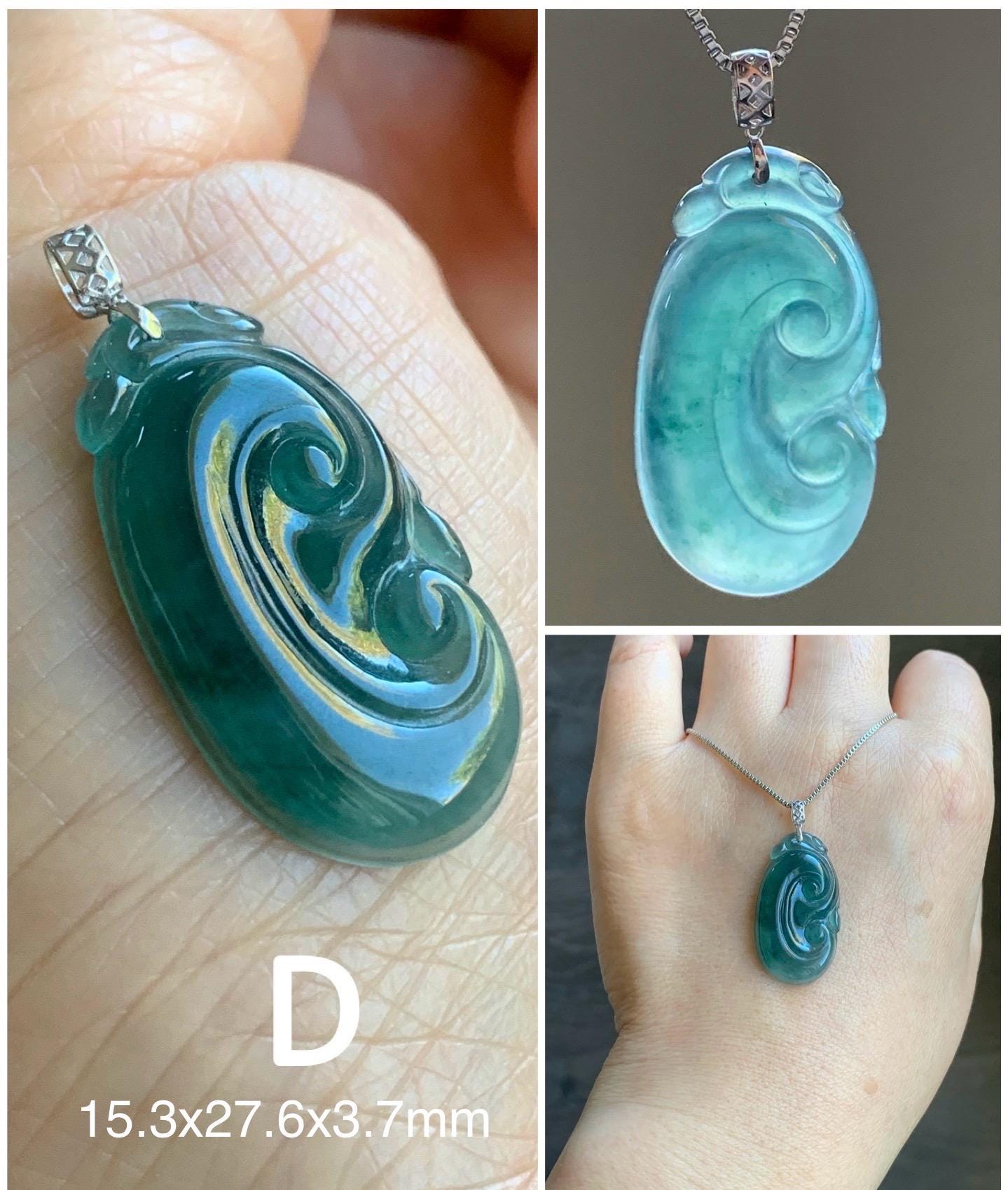 Petite Natural Guatemalan Icy Translucent Teal Blue Teal Green Jadeite Ruyi Amulet Pendant 18K White Gold 天然老种冰危蓝绿翡翠如意镶嵌吊坠 XRY614