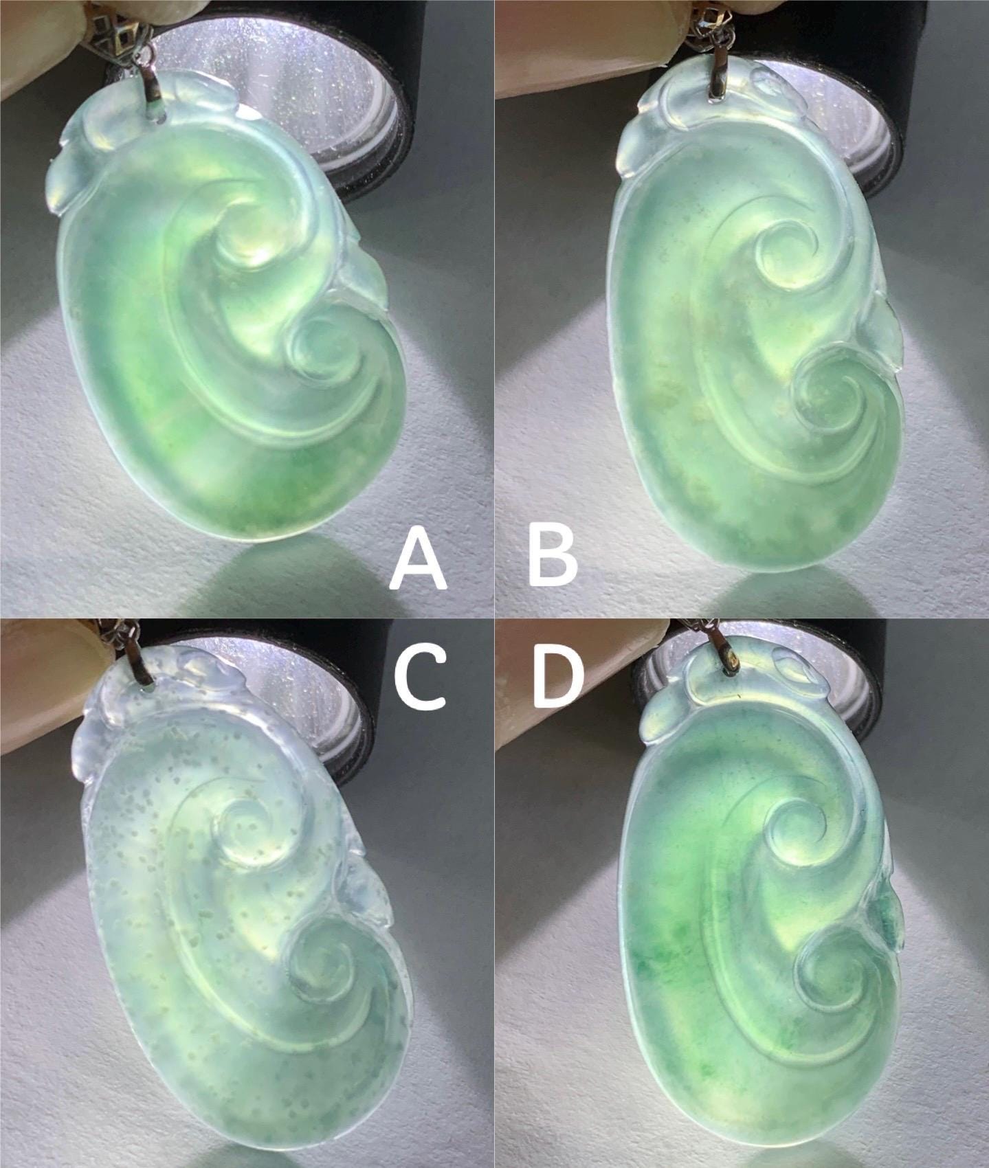 Petite Natural Guatemalan Icy Translucent Teal Blue Teal Green Jadeite Ruyi Amulet Pendant 18K White Gold 天然老种冰危蓝绿翡翠如意镶嵌吊坠 XRY614