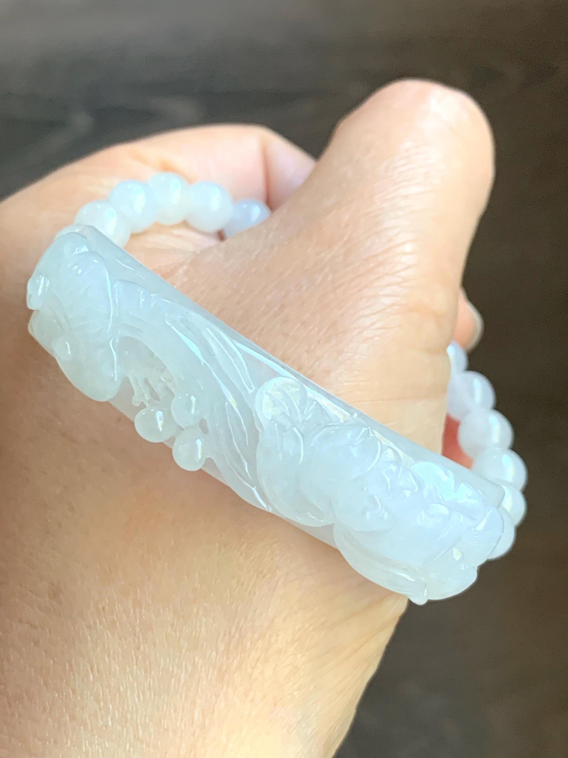 Certified Natural Burmese Icy Translucent White Jadeite Carved Lotus Flower Ruyi Cuff Beaded Bracelet Adjustable 6.75” 24g 天然缅白冰翡翠莲花如意手牌手串