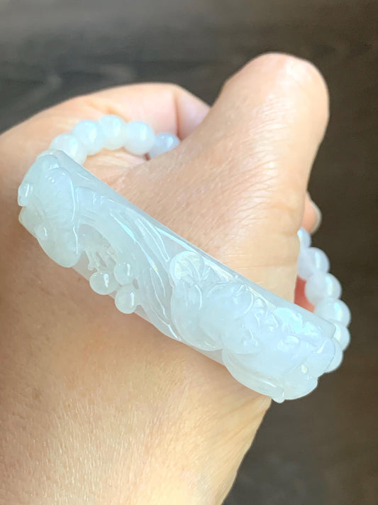 Certified Natural Burmese Icy Translucent White Jadeite Carved Lotus Flower Ruyi Cuff Beaded Bracelet Adjustable 6.75” 24g 天然缅白冰翡翠莲花如意手牌手串