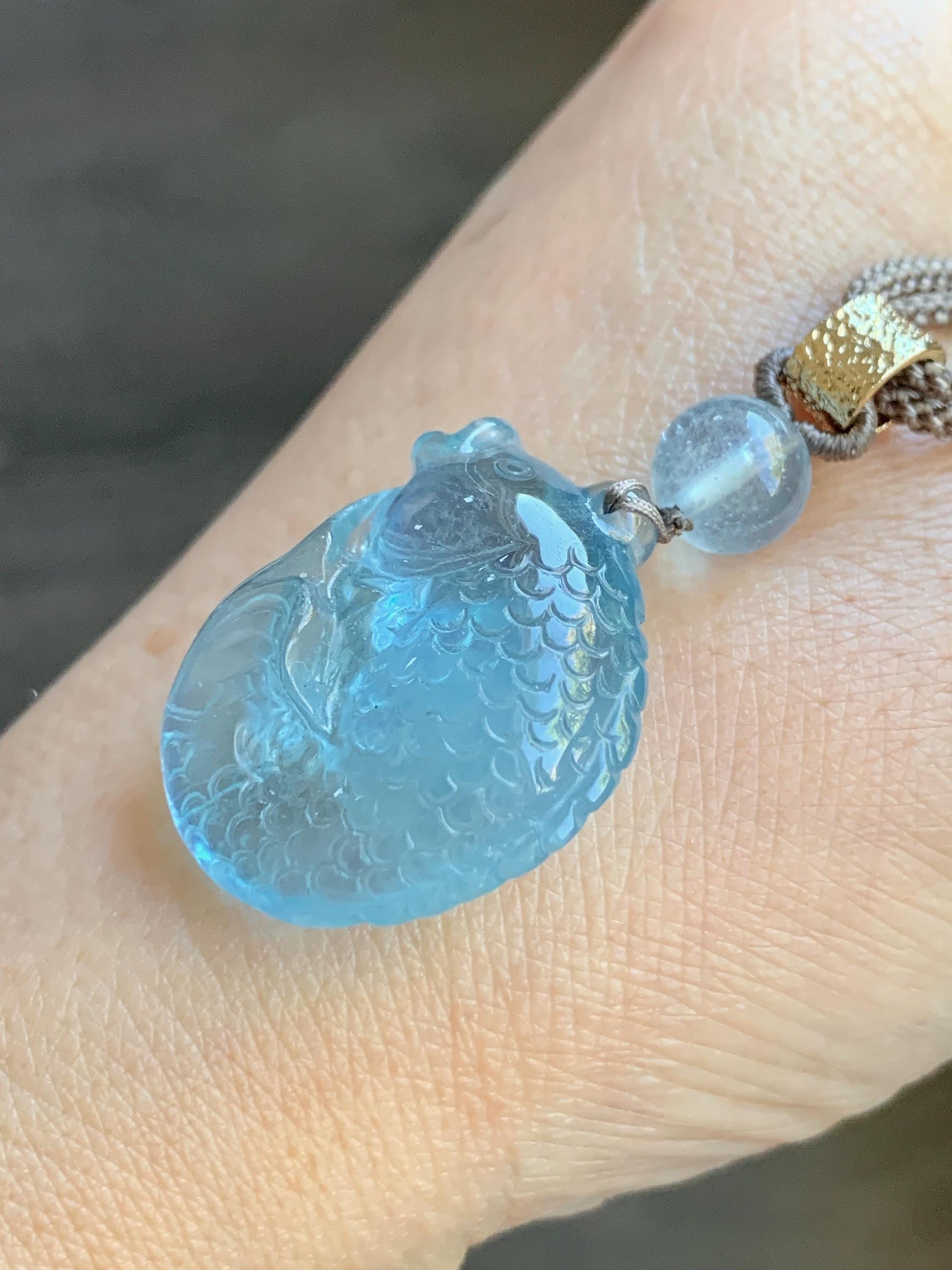 Certified Natural Genuine Premium Aquamarine Carved Koi Fish Pendant Freshwater Pearls Rope Necklace 25" Adjustable 13g 天然海蓝宝锦鲤鱼吊坠 0831