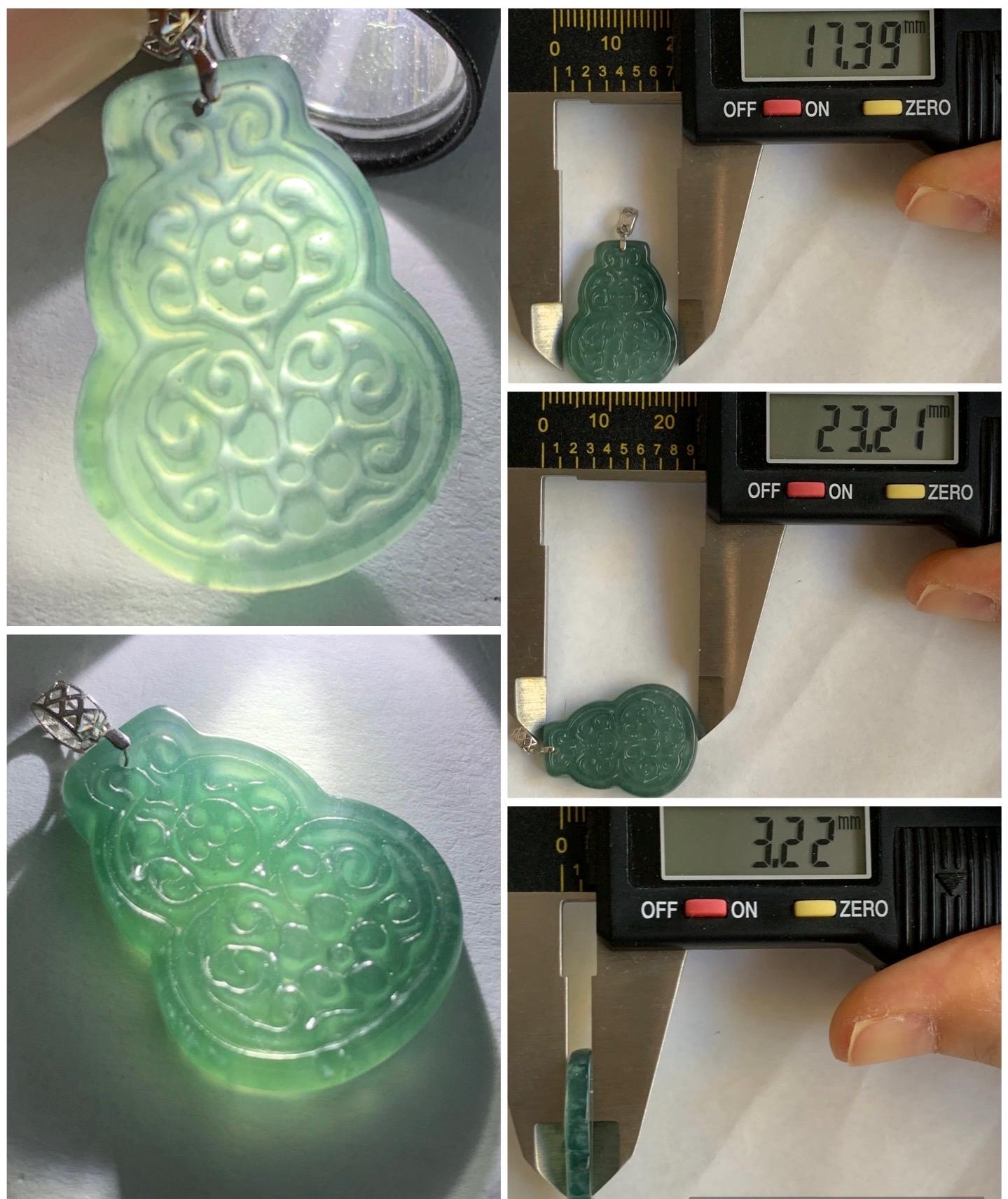 Natural Guatemalan Icy Translucent Teal Blue Jadeite Engraved Hulu Gourd Pendant 18K White Gold 3g 天然冰危蓝翡翠仿古雕葫芦镶嵌吊坠 B