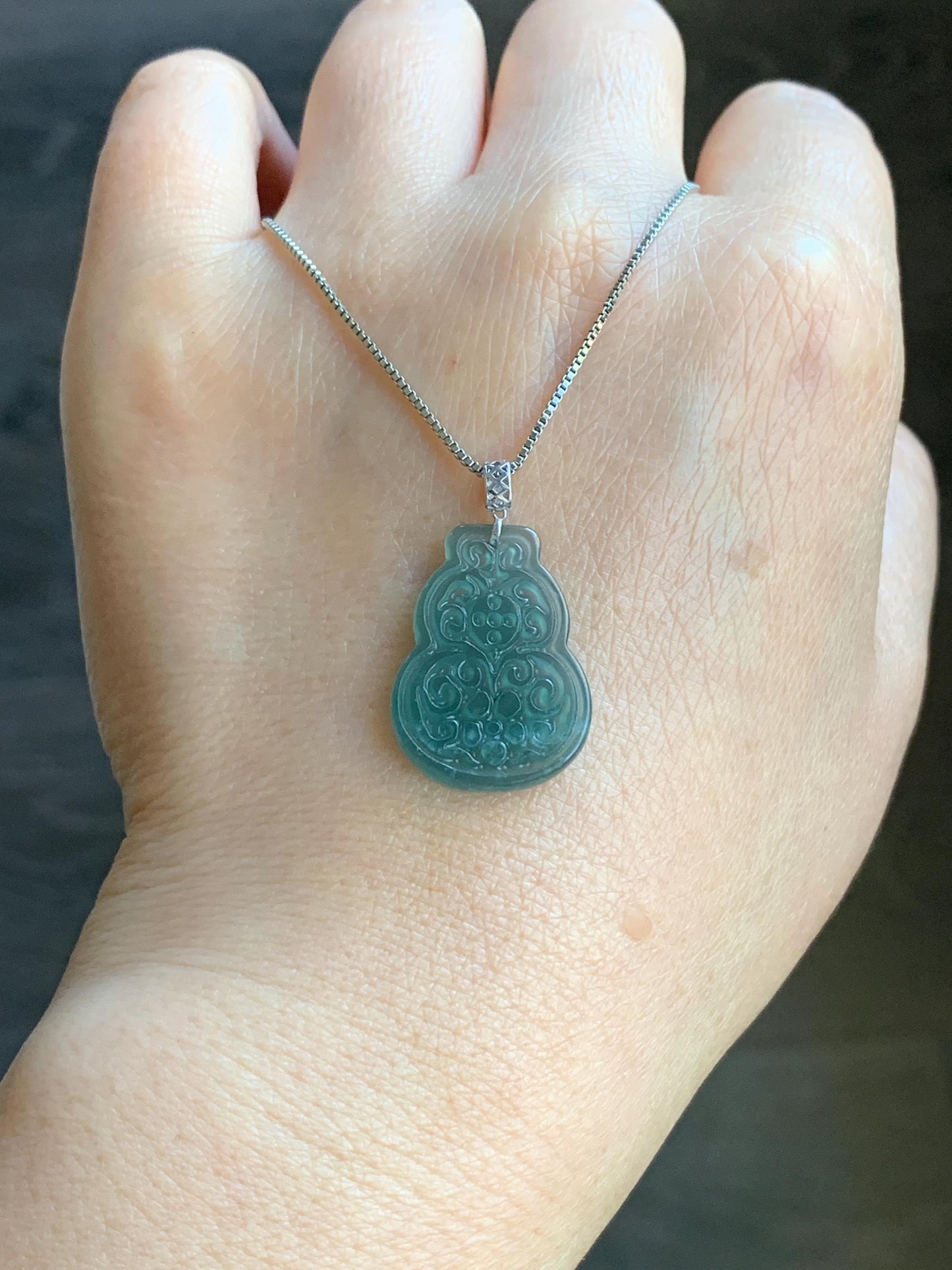 Natural Guatemalan Icy Translucent Teal Blue Jadeite Engraved Hulu Gourd Pendant 18K White Gold 3g 天然冰危蓝翡翠仿古雕葫芦镶嵌吊坠 B