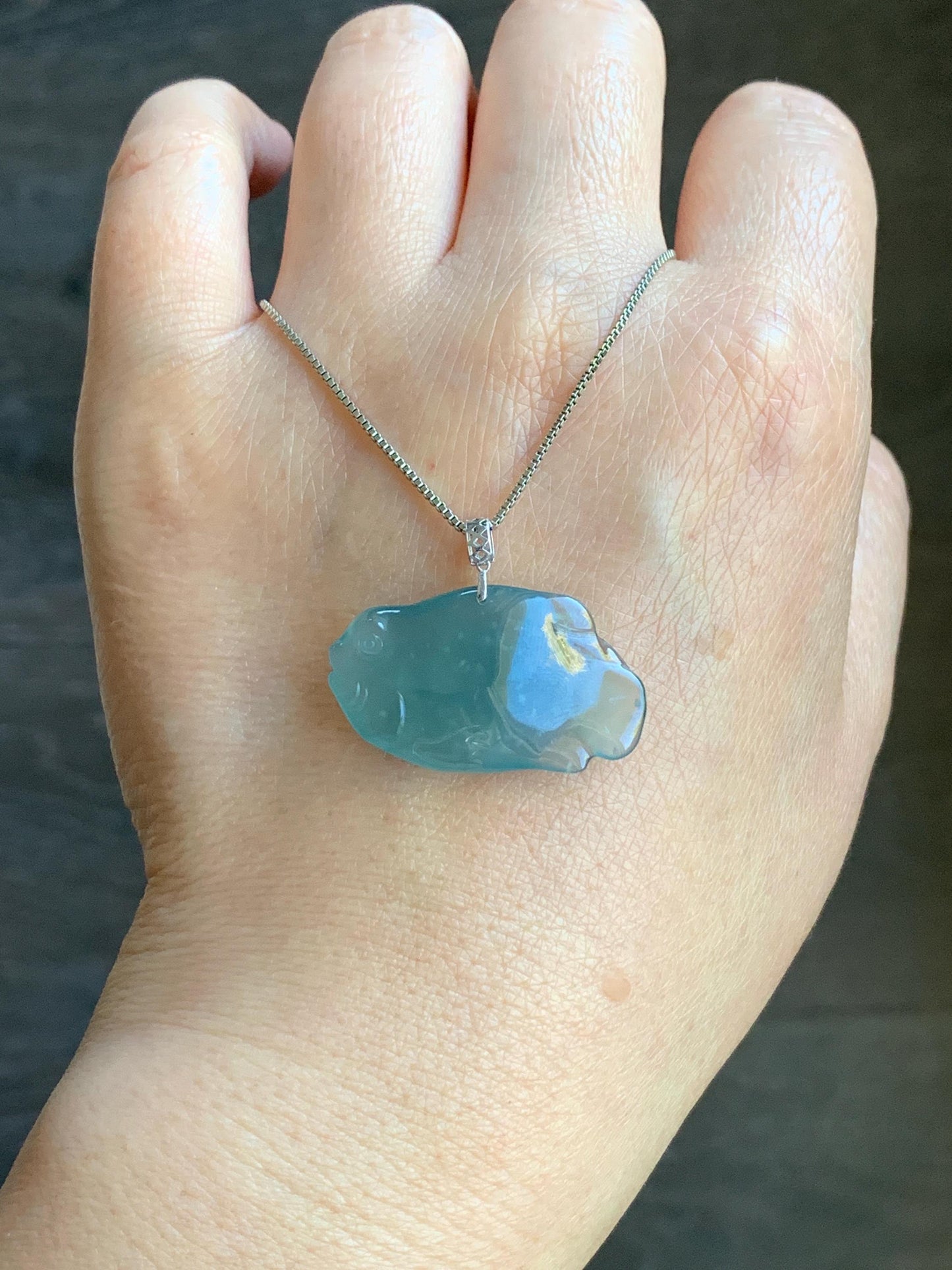 Natural Grade A Guatemalan Icy Translucent Gelatinous Old Mine Teal Blue Jadeite Fish Pendant 18K White Gold 5g 天然老种冰胶危蓝翡翠鱼镶嵌吊坠 B
