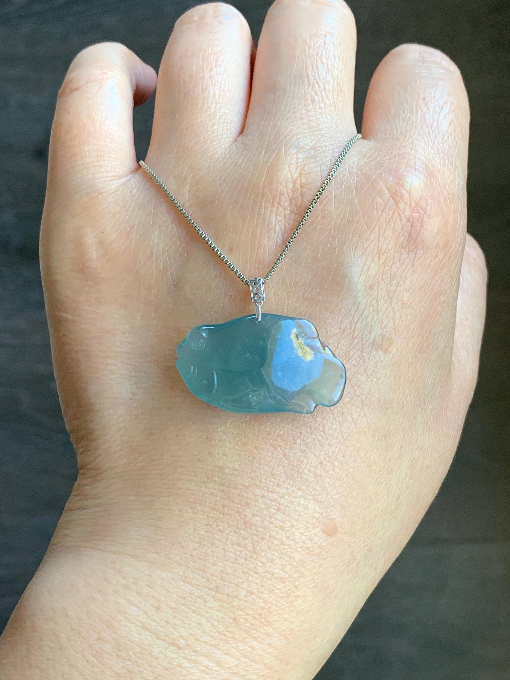 Natural Grade A Guatemalan Icy Translucent Gelatinous Old Mine Teal Blue Jadeite Fish Pendant 18K White Gold 5g 天然老种冰胶危蓝翡翠鱼镶嵌吊坠 B