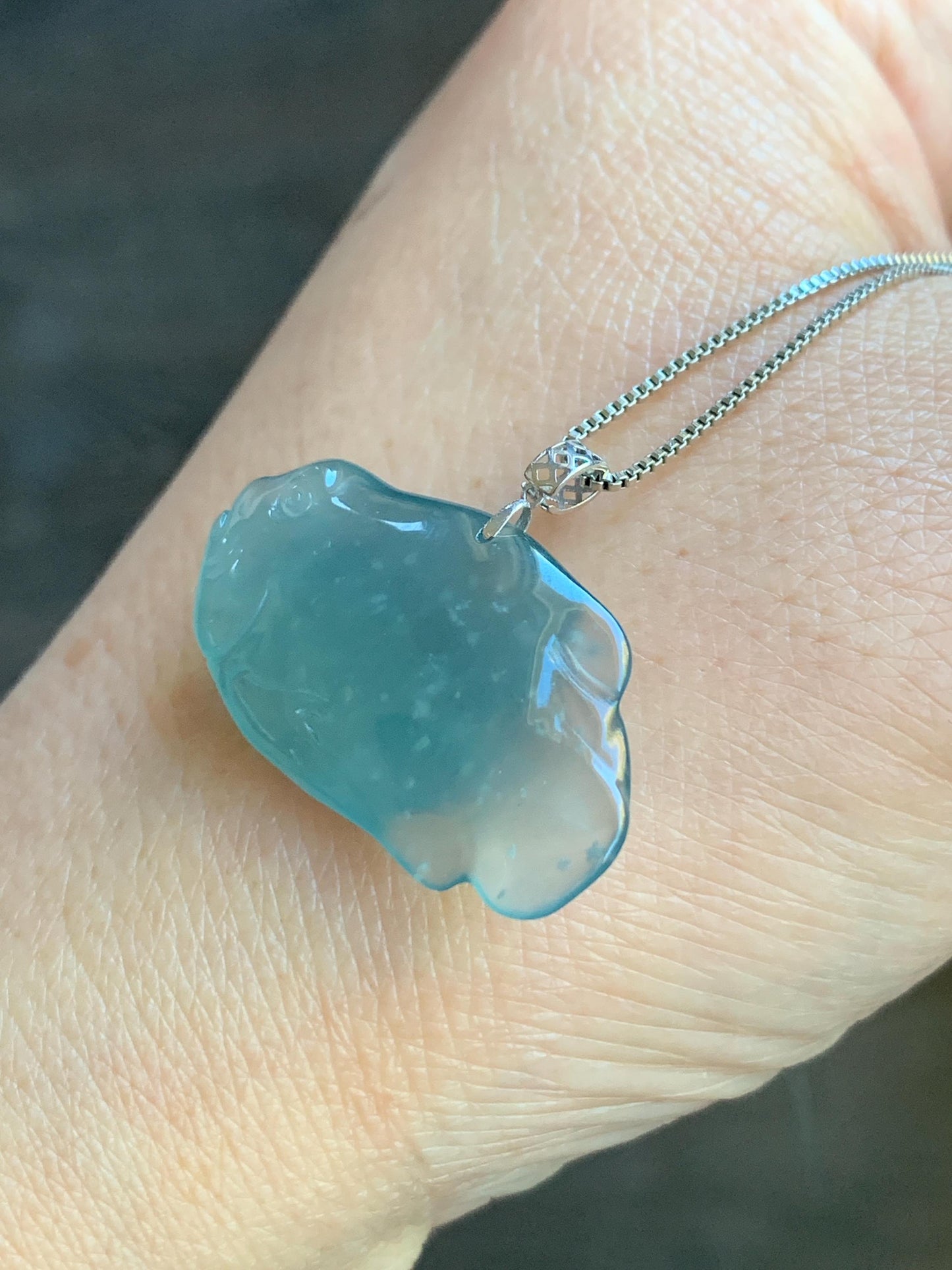 Natural Grade A Guatemalan Icy Translucent Gelatinous Old Mine Teal Blue Jadeite Fish Pendant 18K White Gold 5g 天然老种冰胶危蓝翡翠鱼镶嵌吊坠 B