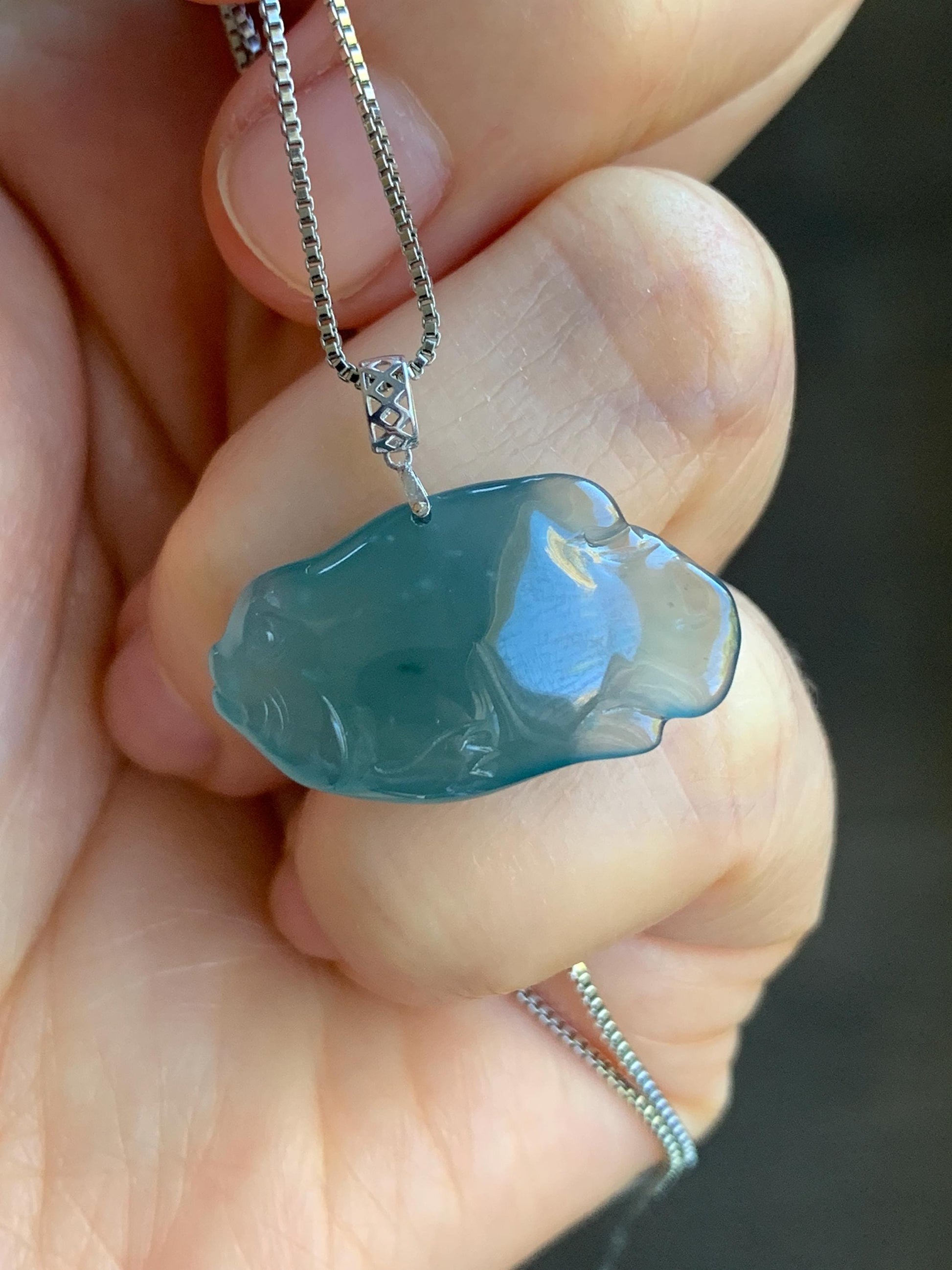 Natural Grade A Guatemalan Icy Translucent Gelatinous Old Mine Teal Blue Jadeite Fish Pendant 18K White Gold 4g 天然老种冰胶危蓝翡翠鱼镶嵌吊坠 A