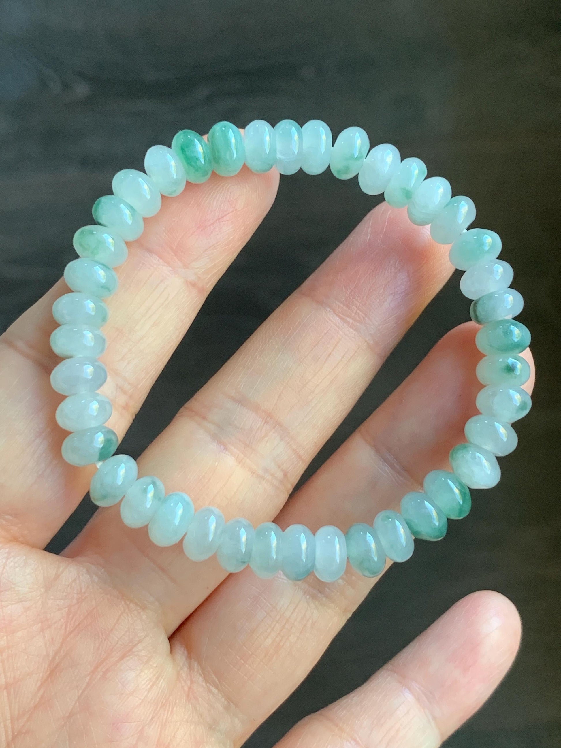 Natural Burmese Icy Translucent Light Green Teal Green Marbled Jadeite Drum Beads Beaded Bracelet Stretchy 6” 15g 天然缅甸冰胶晴色飘花翡翠鼓珠手串 DH919