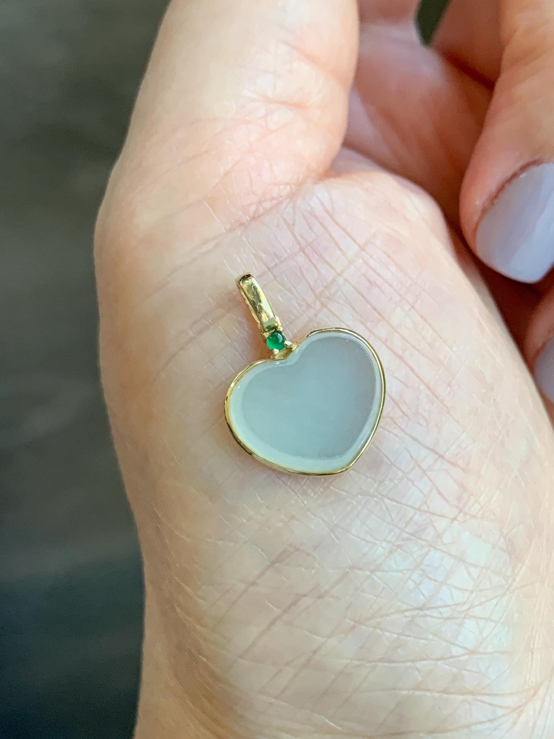 Certified Natural Burmese grade A Icy Translucent Light Green Jadeite Faceted Heart Pendant 18K Yellow Gold 2g 天然缅甸冰晴底翡翠爱心镶嵌吊坠 3026