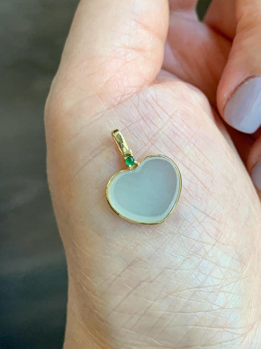 Certified Natural Burmese grade A Icy Translucent Light Green Jadeite Faceted Heart Pendant 18K Yellow Gold 2g 天然缅甸冰晴底翡翠爱心镶嵌吊坠 3026