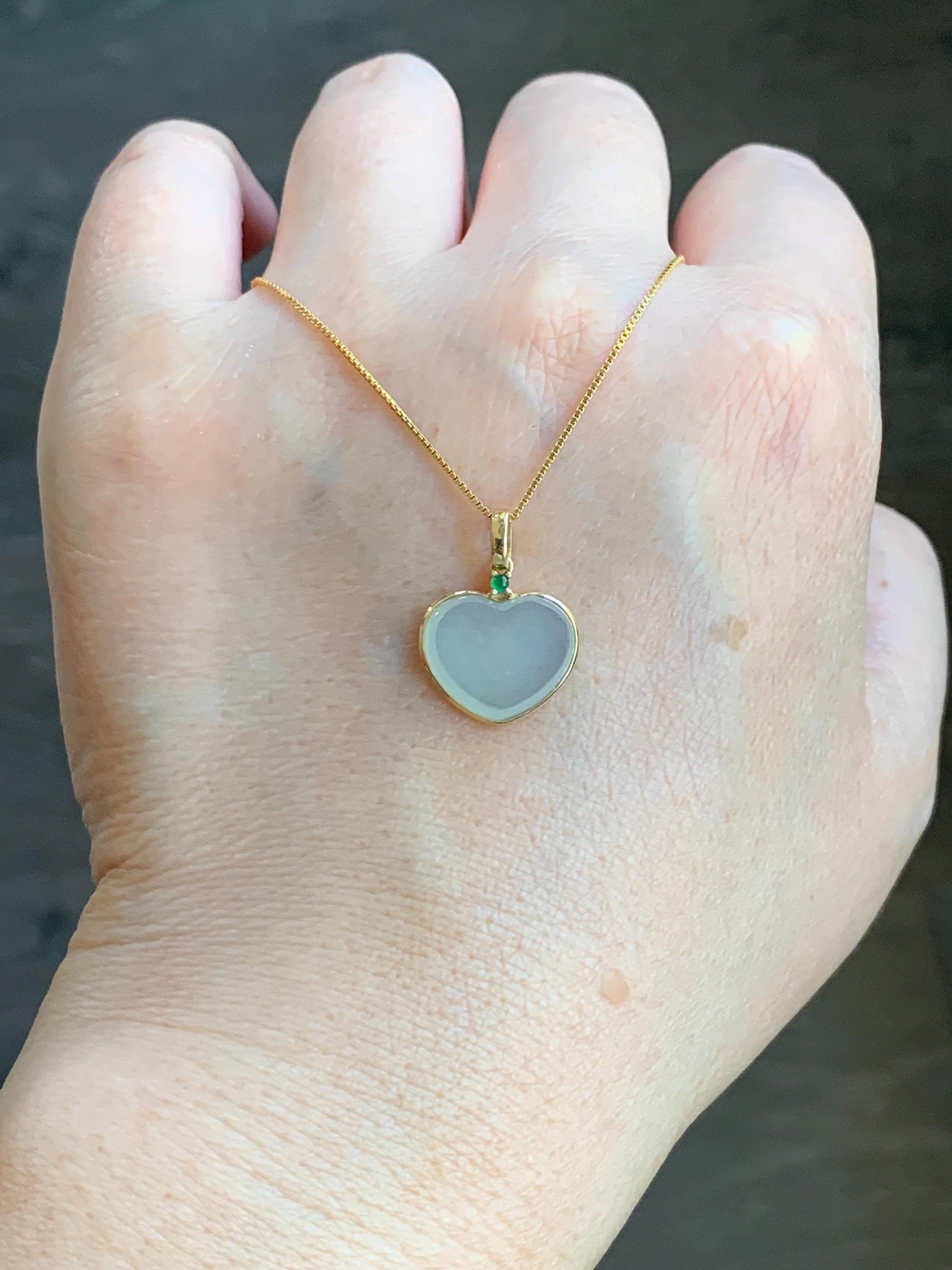 Certified Natural Burmese grade A Icy Translucent Light Green Jadeite Faceted Heart Pendant 18K Yellow Gold 2g 天然缅甸冰晴底翡翠爱心镶嵌吊坠 3026