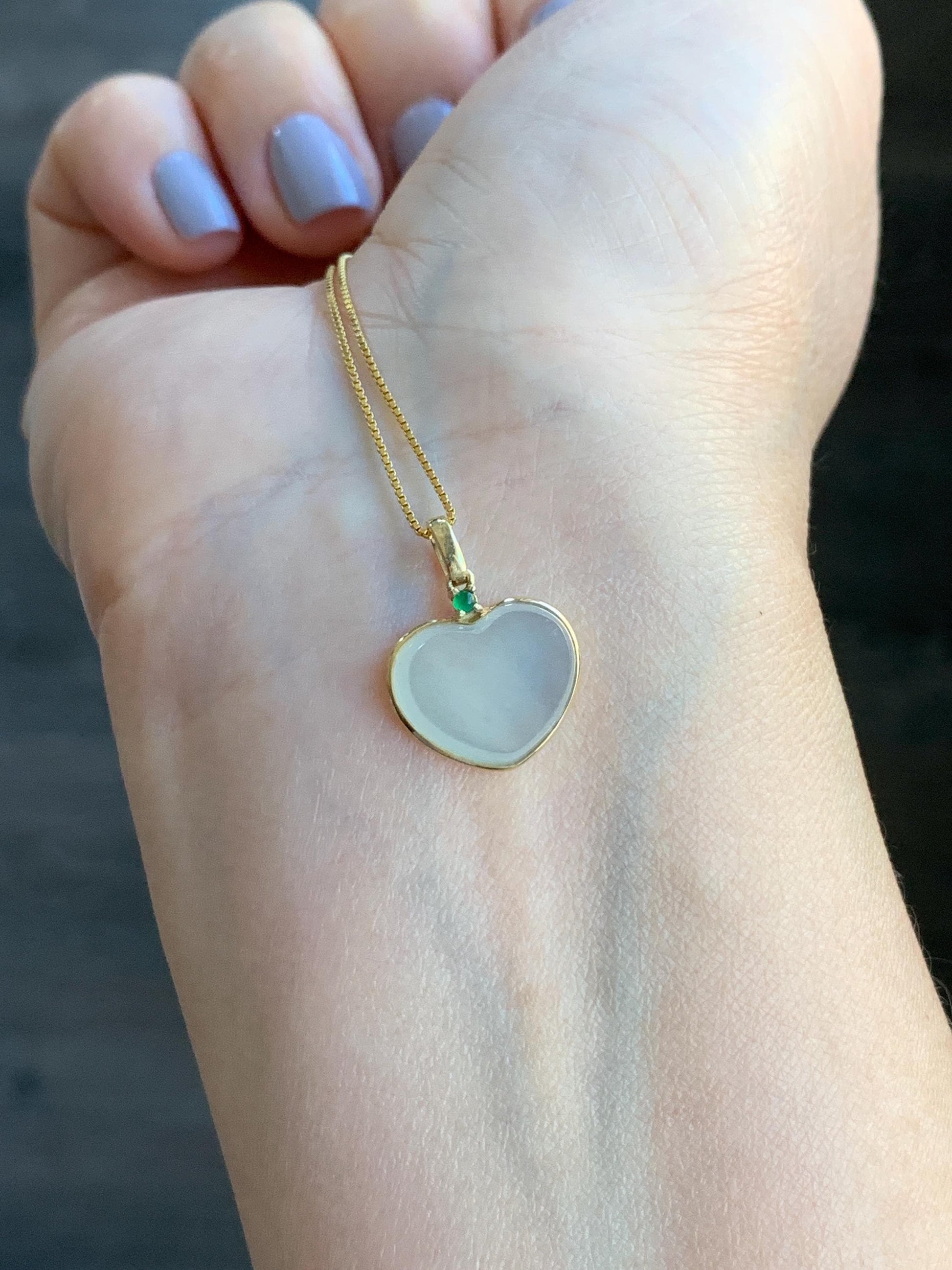 Certified Natural Burmese grade A Icy Translucent Light Green Jadeite Faceted Heart Pendant 18K Yellow Gold 2g 天然缅甸冰晴底翡翠爱心镶嵌吊坠 3026