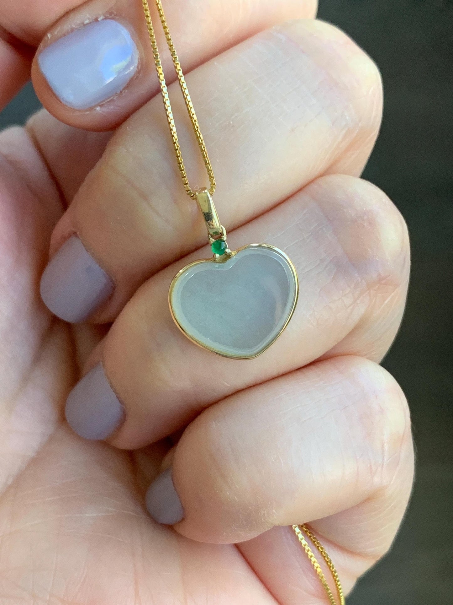 Certified Natural Burmese grade A Icy Translucent Light Green Jadeite Faceted Heart Pendant 18K Yellow Gold 2g 天然缅甸冰晴底翡翠爱心镶嵌吊坠 3026