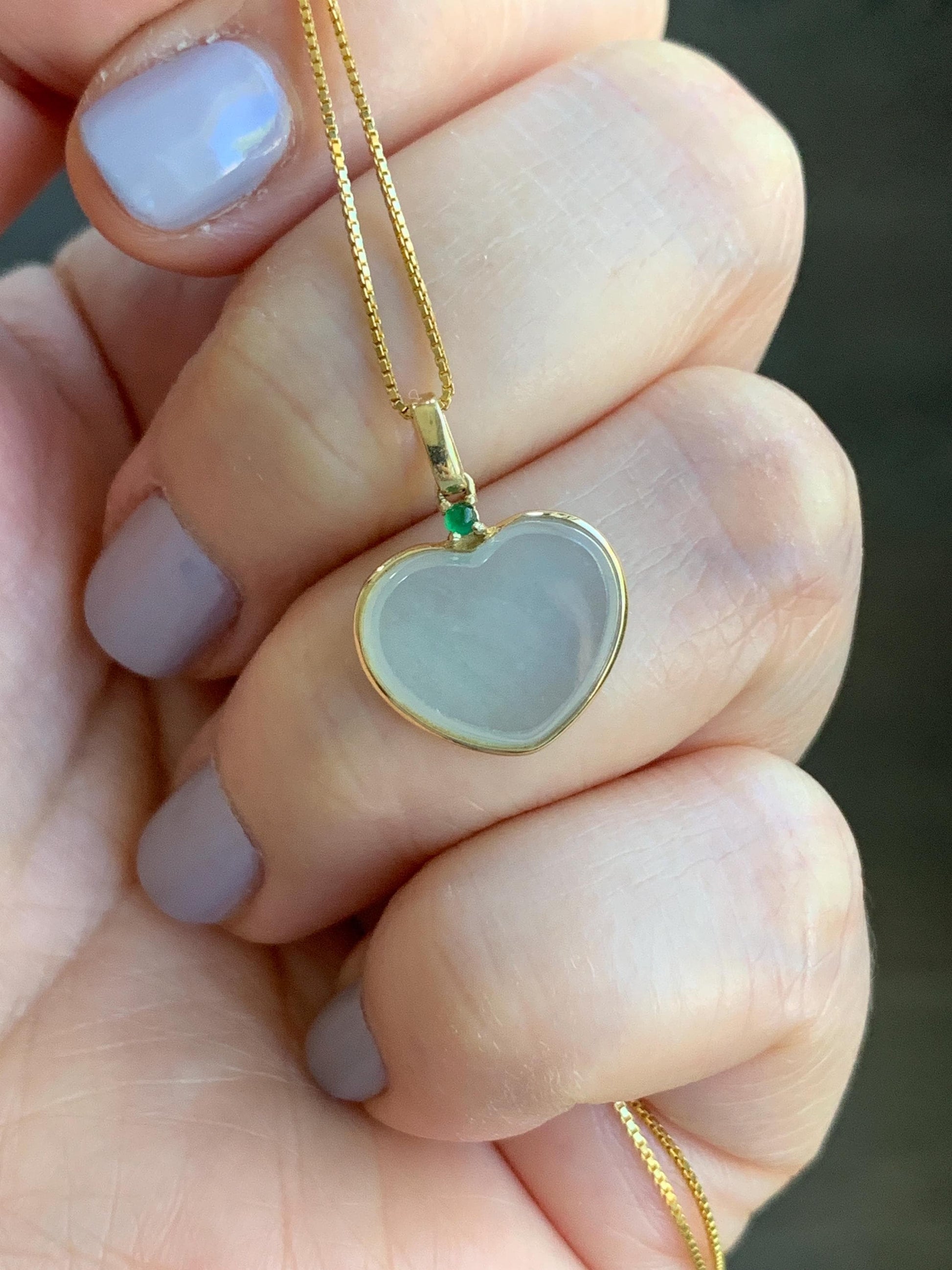 Certified Natural Burmese grade A Icy Translucent Light Green Jadeite Faceted Heart Pendant 18K Yellow Gold 2g 天然缅甸冰晴底翡翠爱心镶嵌吊坠 3026