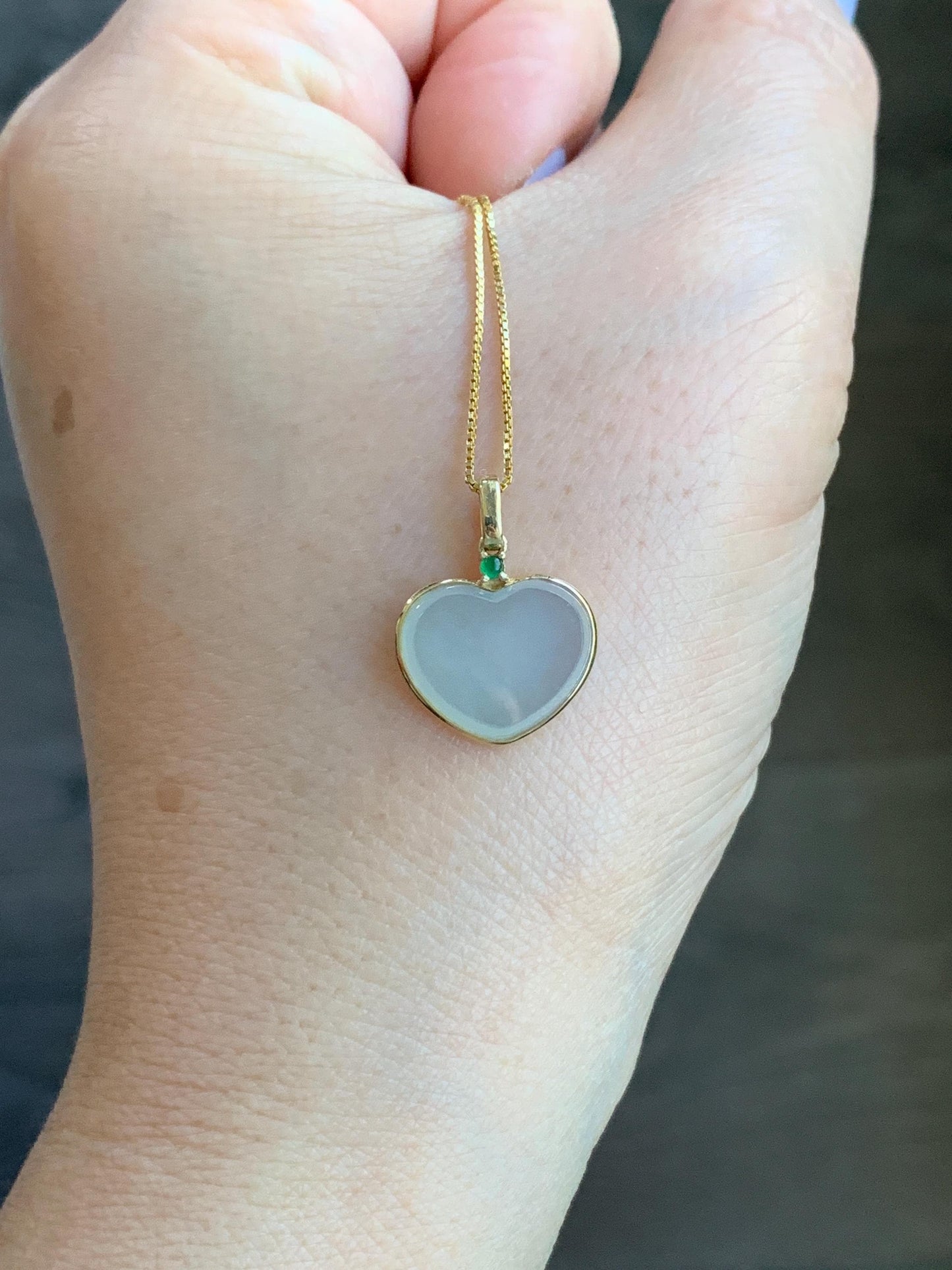 Certified Natural Burmese grade A Icy Translucent Light Green Jadeite Faceted Heart Pendant 18K Yellow Gold 2g 天然缅甸冰晴底翡翠爱心镶嵌吊坠 3026
