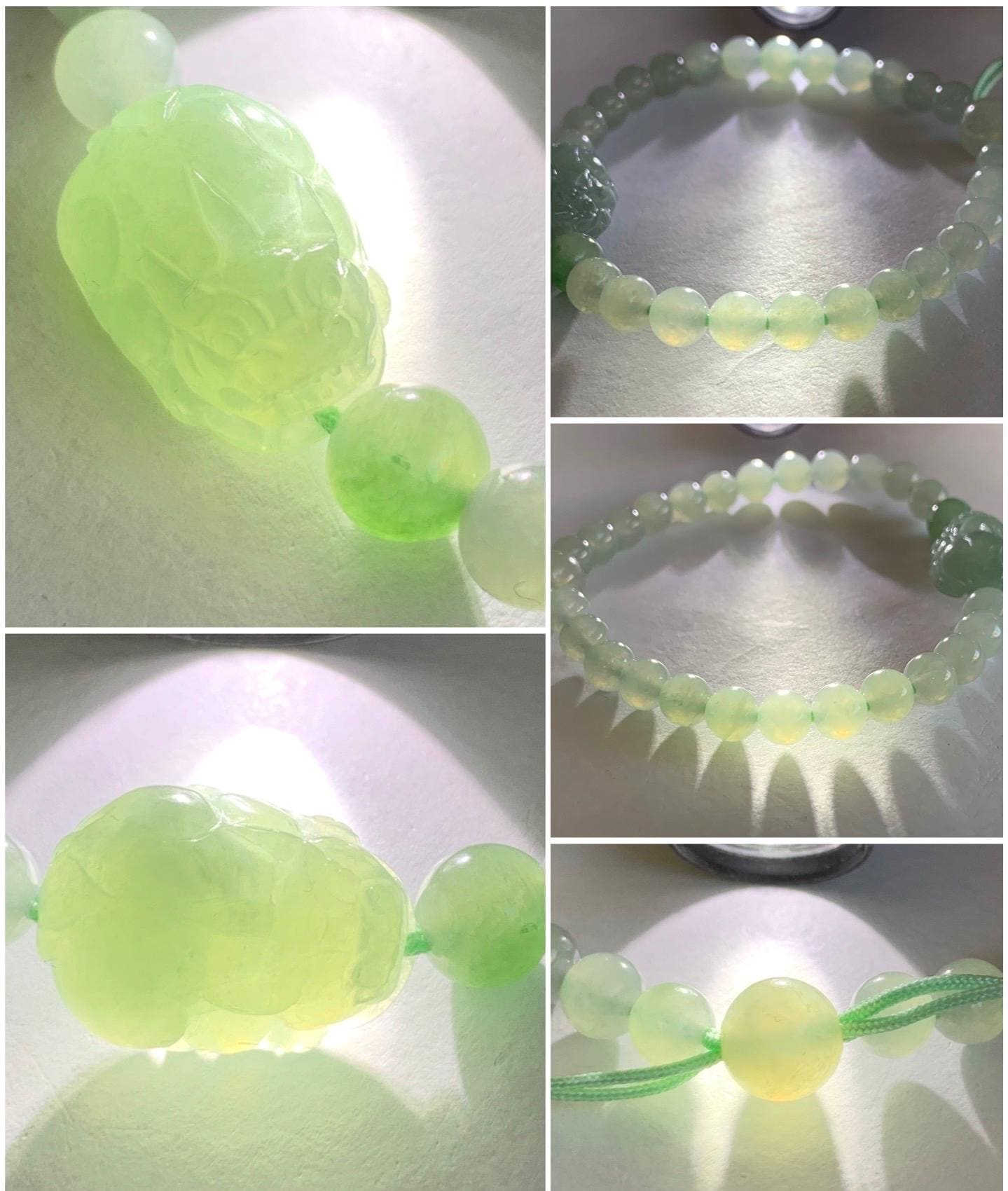 Natural Burmese Icy Translucent Gelatinous Light Green Jadeite Carved Pixiu Beaded Bracelet 6mm 7” 14g 天然缅甸冰胶淡绿翡翠珠貔貅手串