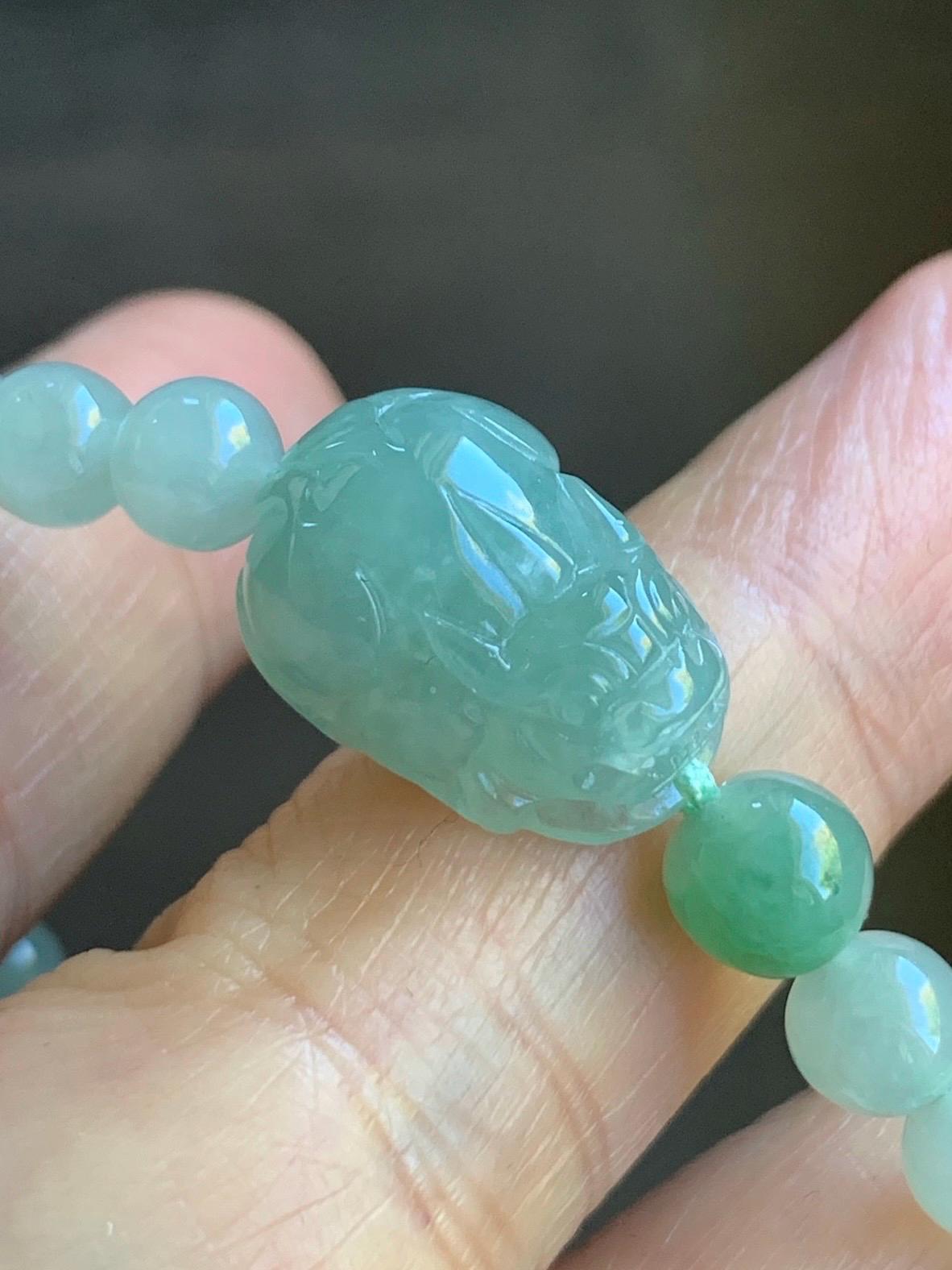 Natural Burmese Icy Translucent Gelatinous Light Green Jadeite Carved Pixiu Beaded Bracelet 6mm 7” 14g 天然缅甸冰胶淡绿翡翠珠貔貅手串
