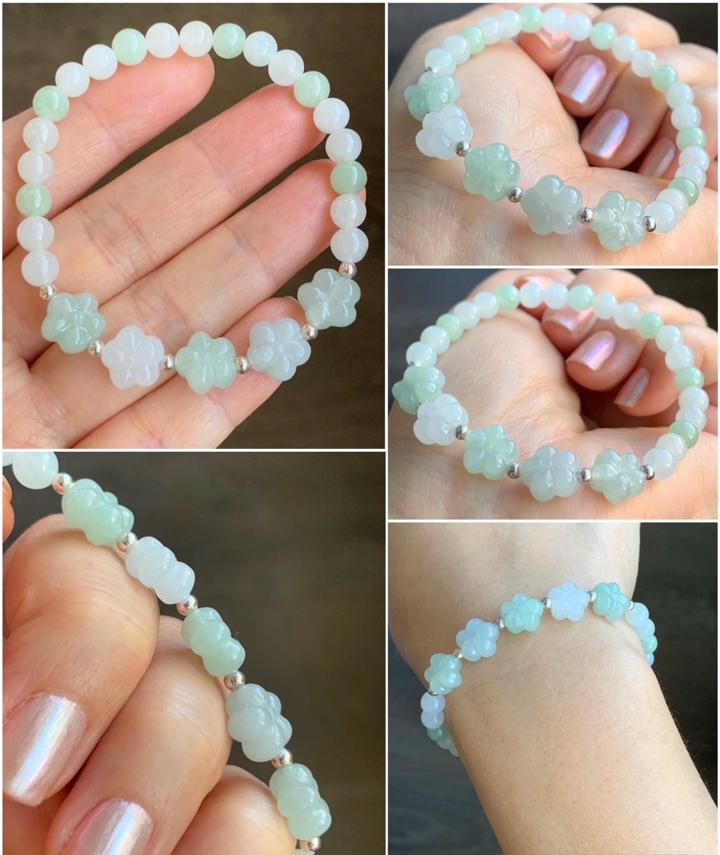 Natural Burmese Icy Translucent Light Green & White Jadeite Chery Blossom Beaded Bracelet Sterling Silver 6.75” 12g 天然缅甸白冰晴底翡翠梅花圆珠手串