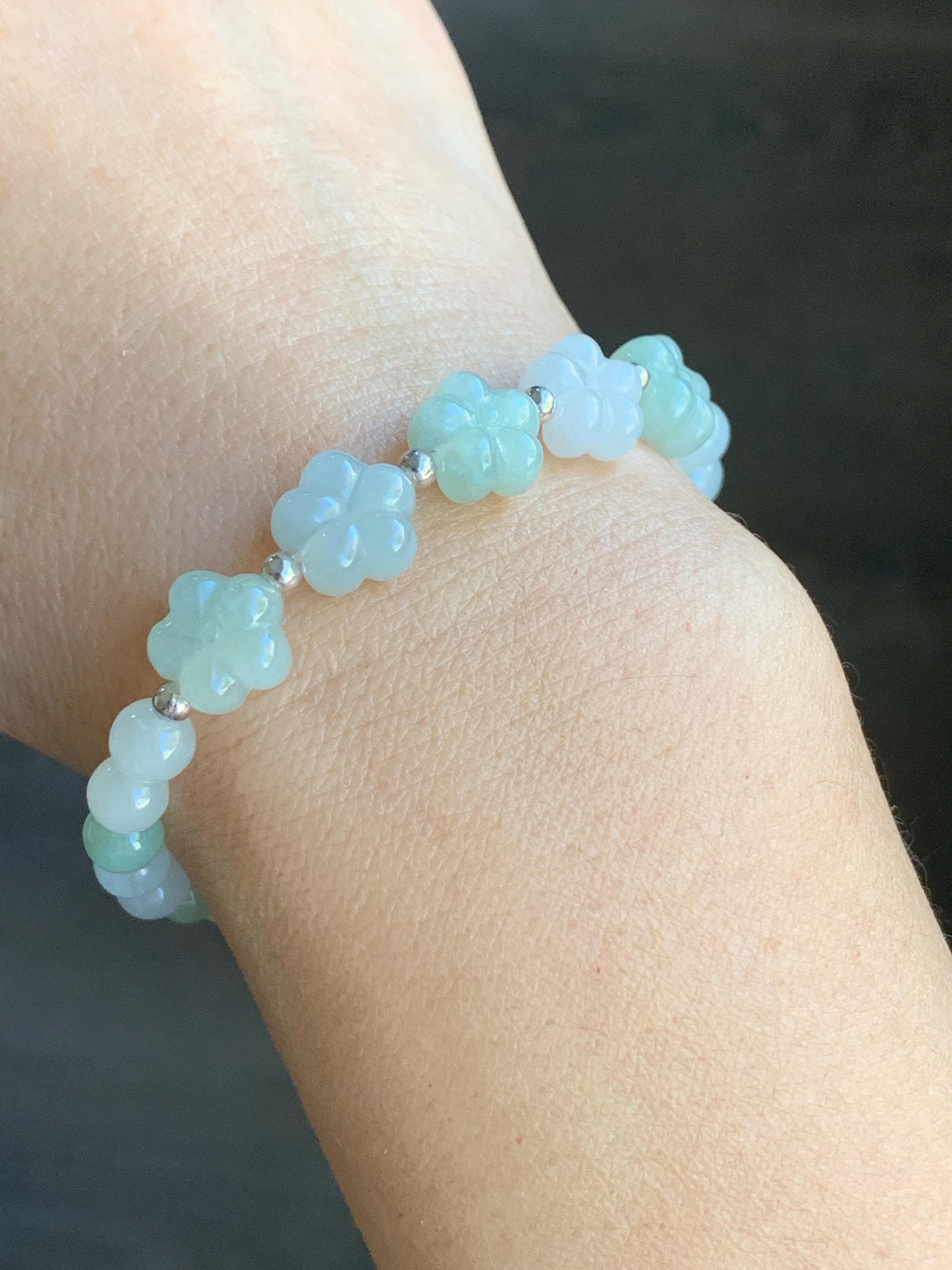 Natural Burmese Icy Translucent Light Green & White Jadeite Chery Blossom Beaded Bracelet Sterling Silver 6.75” 12g 天然缅甸白冰晴底翡翠梅花圆珠手串
