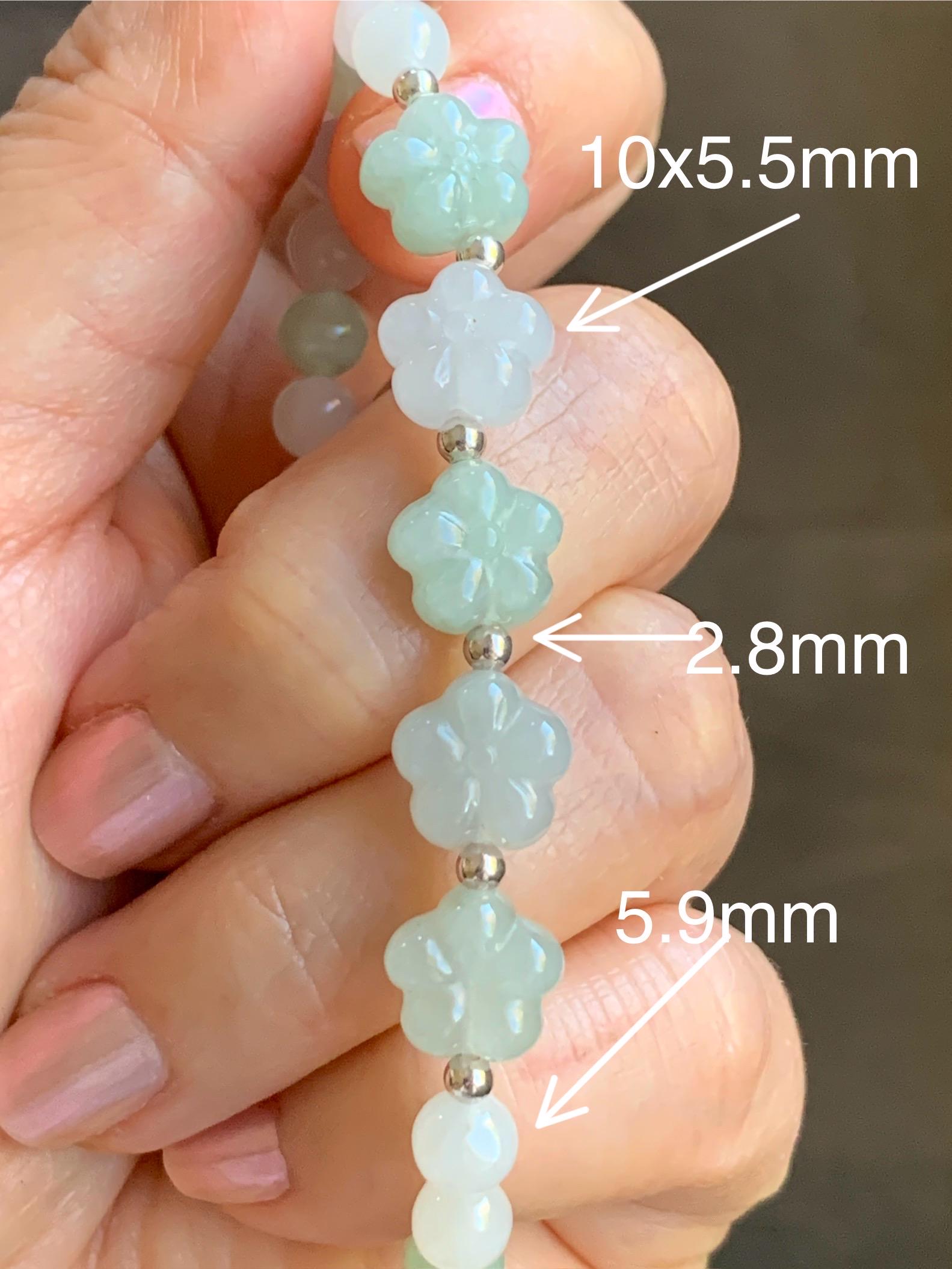 Natural Burmese Icy Translucent Light Green & White Jadeite Chery Blossom Beaded Bracelet Sterling Silver 6.75” 12g 天然缅甸白冰晴底翡翠梅花圆珠手串