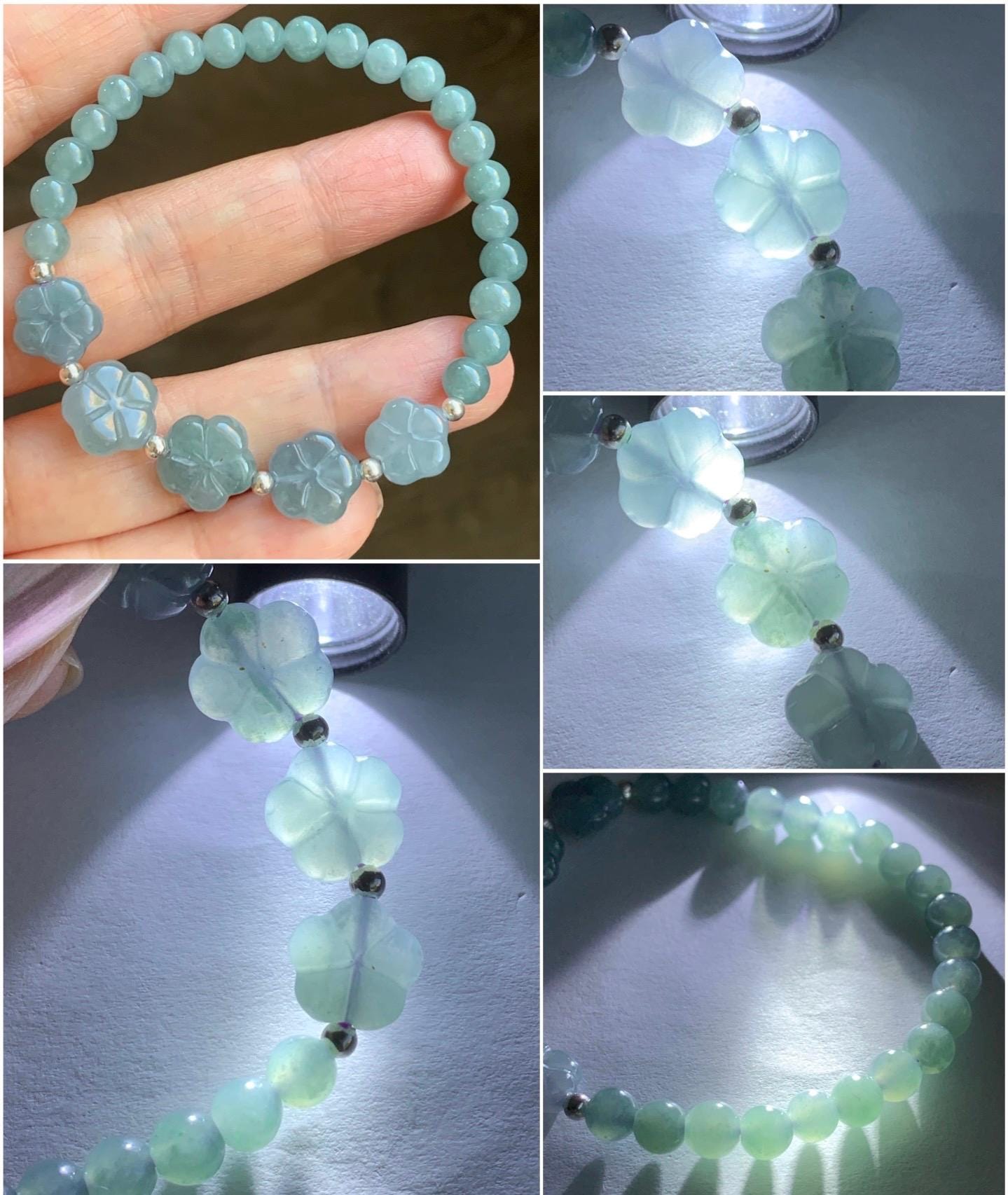 Natural Guatemalan Icy Translucent Dusty Blue & Light Teal Jadeite Chery Blossom Beaded Bracelet Sterling Silver 6.5” 11g 天然冰危蓝翡翠梅花圆珠手串