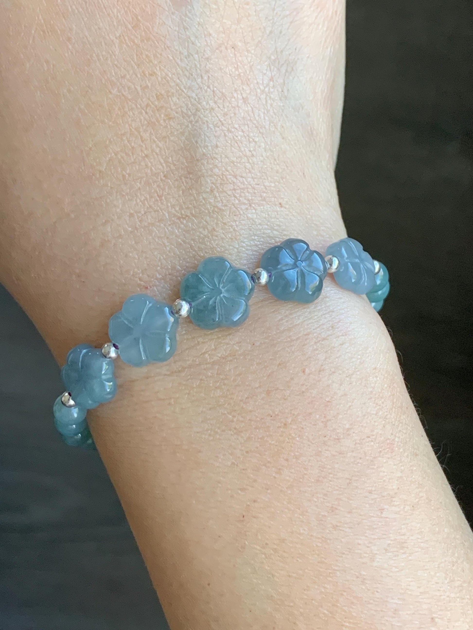 Natural Guatemalan Icy Translucent Dusty Blue & Light Teal Jadeite Chery Blossom Beaded Bracelet Sterling Silver 6.5” 11g 天然冰危蓝翡翠梅花圆珠手串