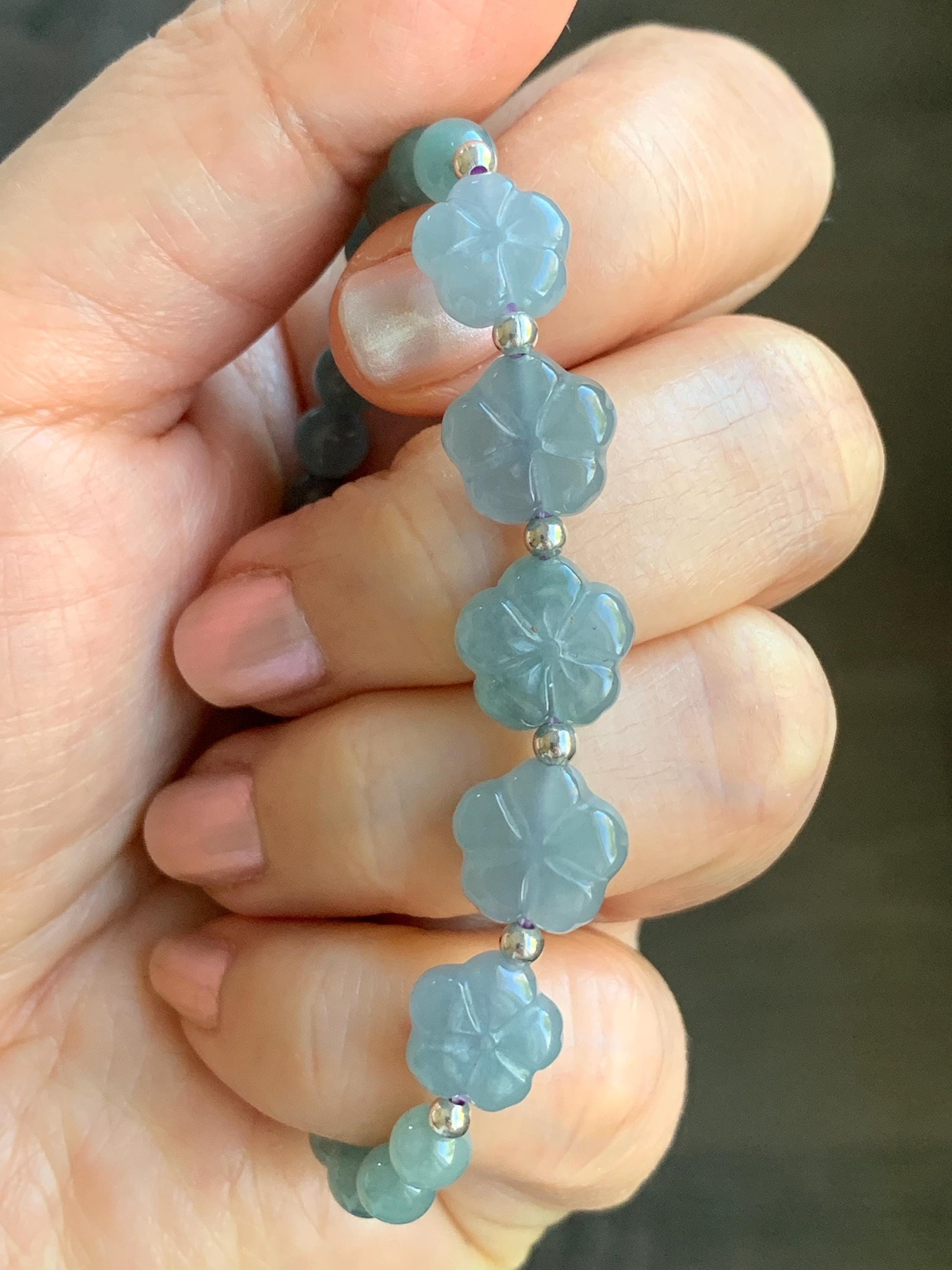 Natural Guatemalan Icy Translucent Dusty Blue & Light Teal Jadeite Chery Blossom Beaded Bracelet Sterling Silver 6.5” 11g 天然冰危蓝翡翠梅花圆珠手串