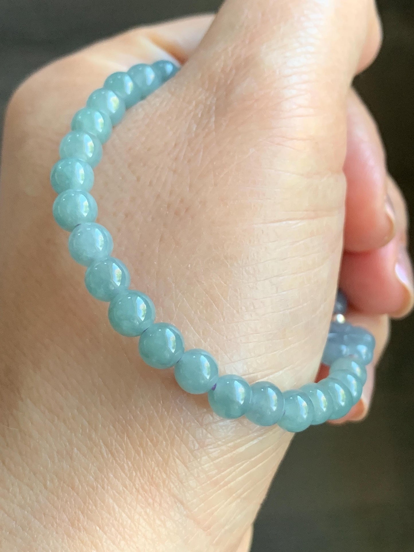 Natural Guatemalan Icy Translucent Dusty Blue & Light Teal Jadeite Chery Blossom Beaded Bracelet Sterling Silver 6.5” 11g 天然冰危蓝翡翠梅花圆珠手串