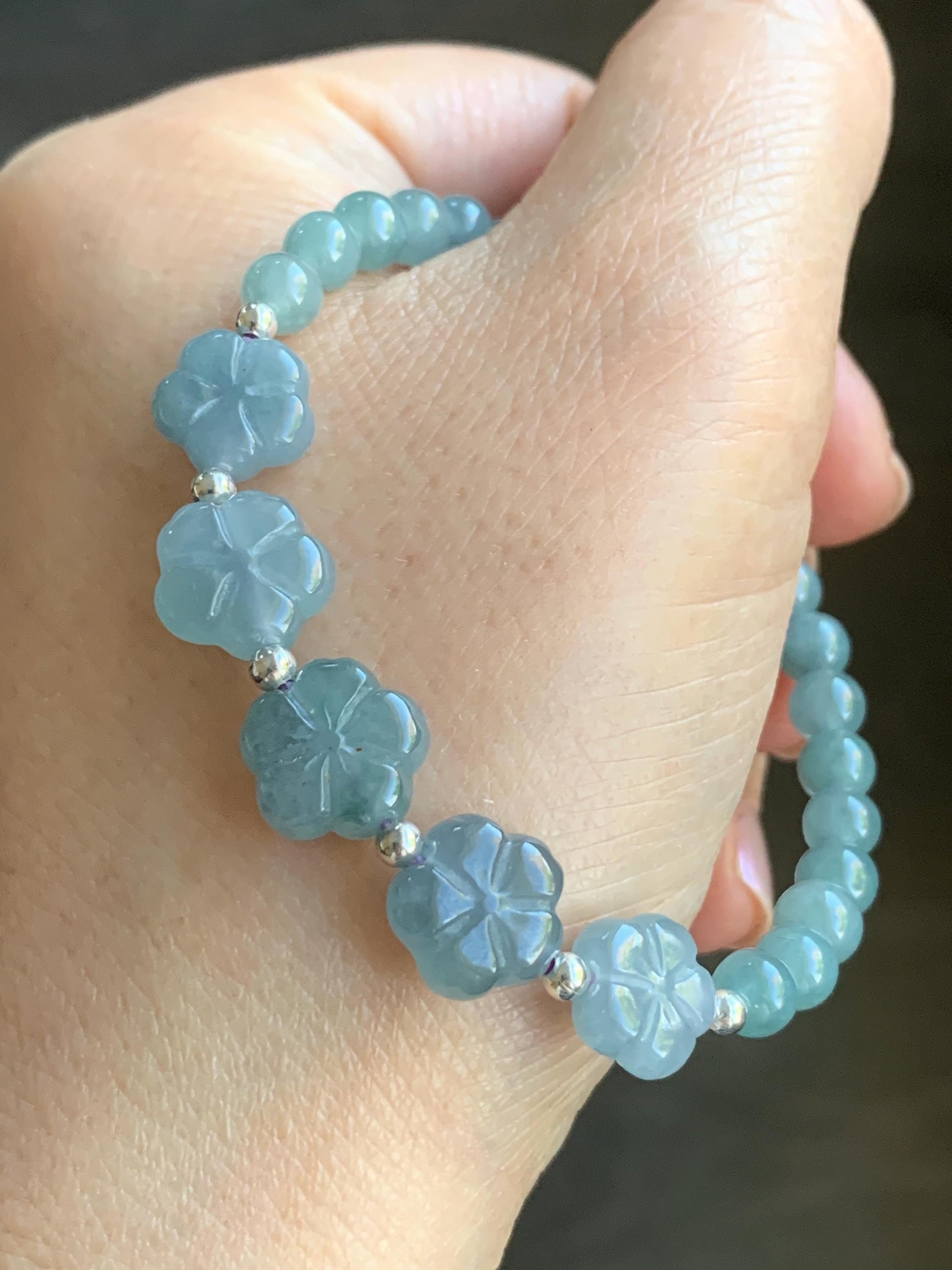 Natural Guatemalan Icy Translucent Dusty Blue & Light Teal Jadeite Chery Blossom Beaded Bracelet Sterling Silver 6.5” 11g 天然冰危蓝翡翠梅花圆珠手串