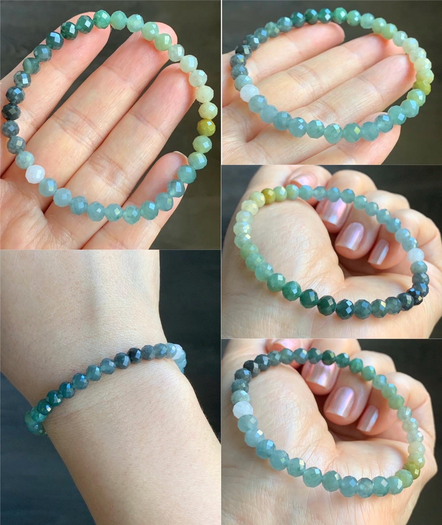 Natural Guatemalan Icy Translucent Multicolored Jadeite Faceted Round Beads Beaded Bracelet Stretchy 5.5mm 7” 8g 天然冰危多宝马色翡翠切割面圆珠手串