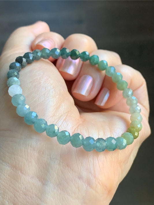 Natural Guatemalan Icy Translucent Multicolored Jadeite Faceted Round Beads Beaded Bracelet Stretchy 5.5mm 7” 8g 天然冰危多宝马色翡翠切割面圆珠手串