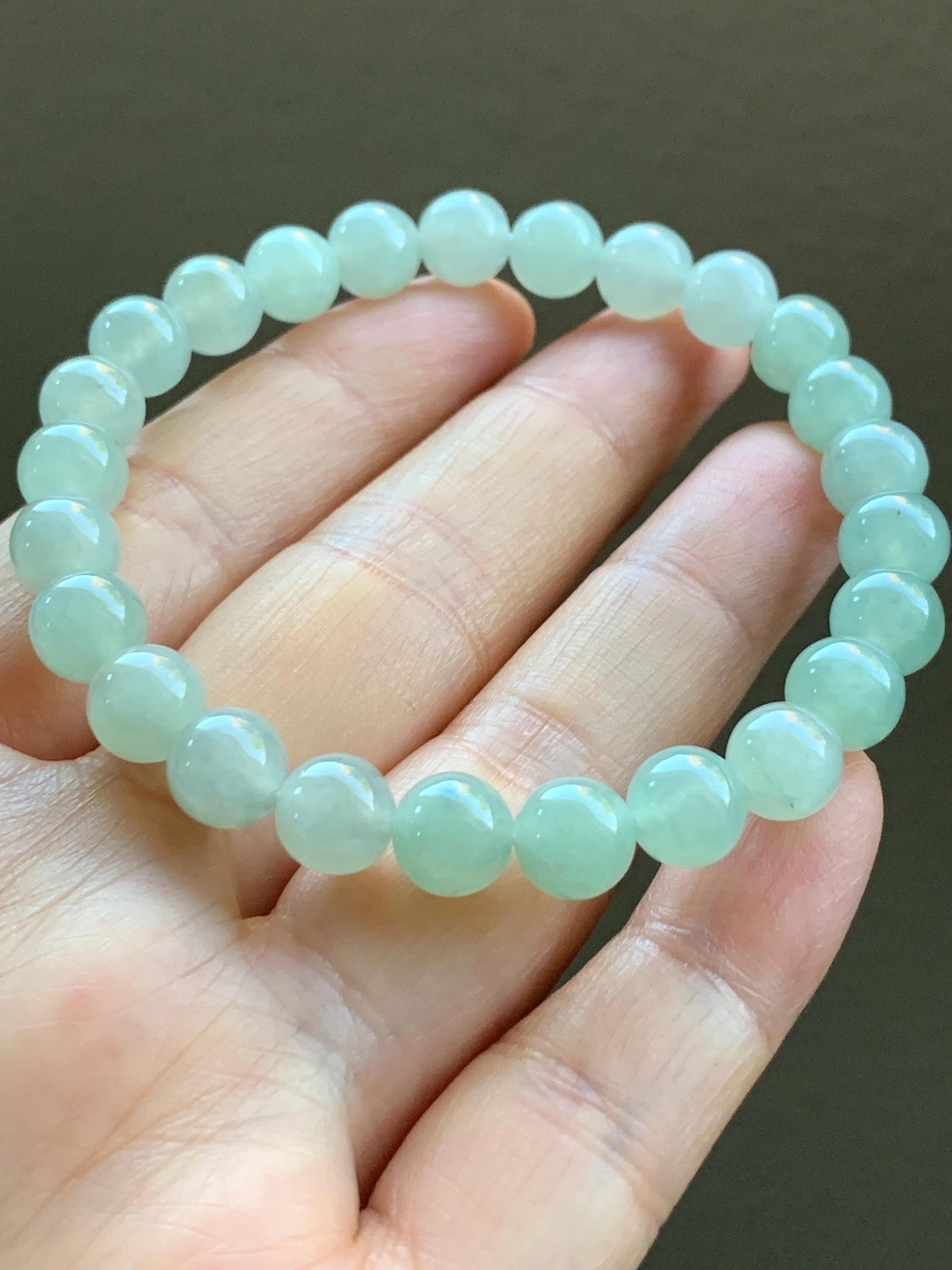 Natural Burmese Icy Translucent Gelatinous Light Green Jadeite Beaded Bracelet Stretchy 7.8mm 7.25” 20g 天然缅甸冰胶淡晴底翡翠手串 MQD918